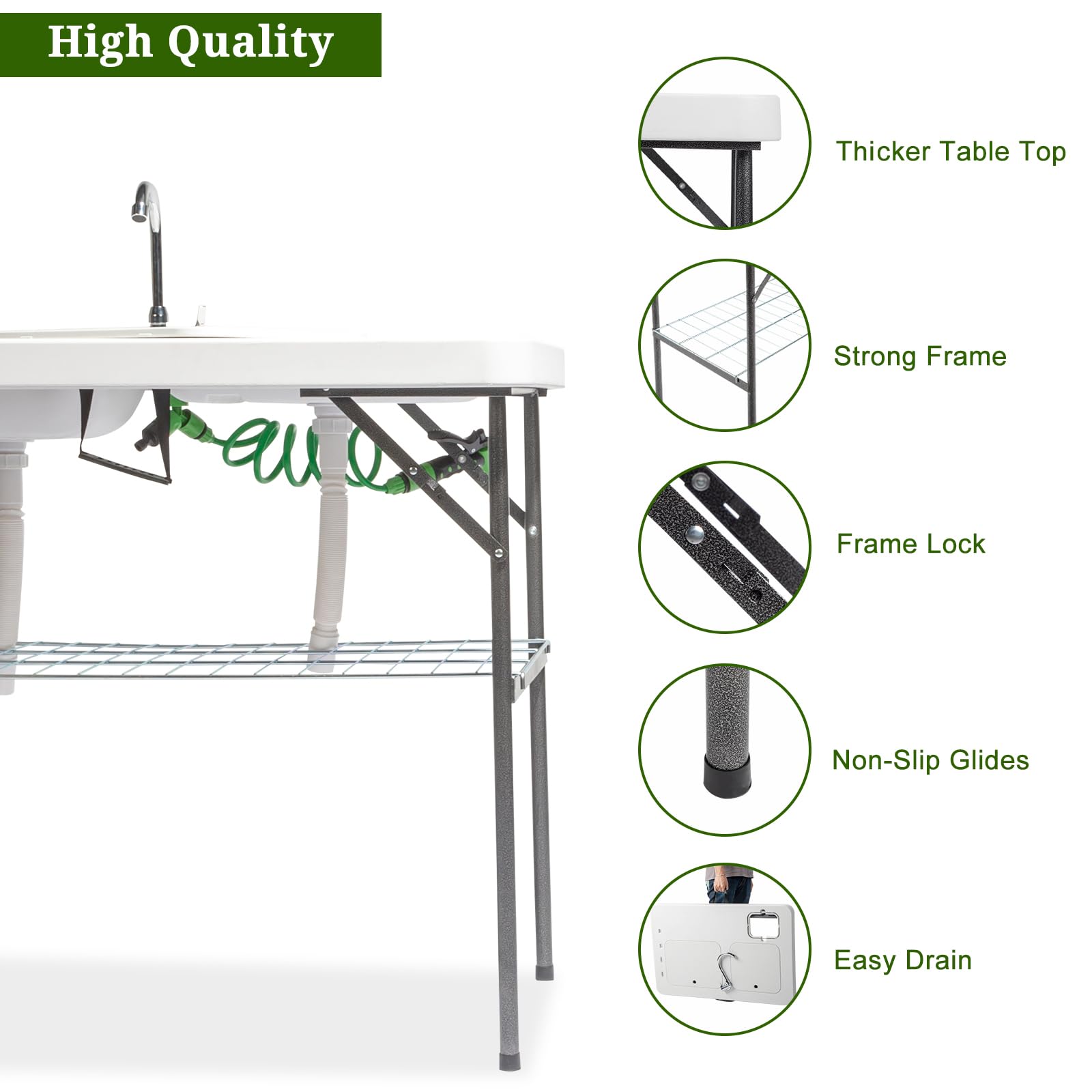 VINGLI Folding Fish Cleaning Table with 2 Stainless Steel Sinks - Portable Outdoor Camping Table with Grid Rack, Sprayer & Drainage Hose - Perfect for Backyard BBQ, Fishing Trips & Camping Kitchen Prep