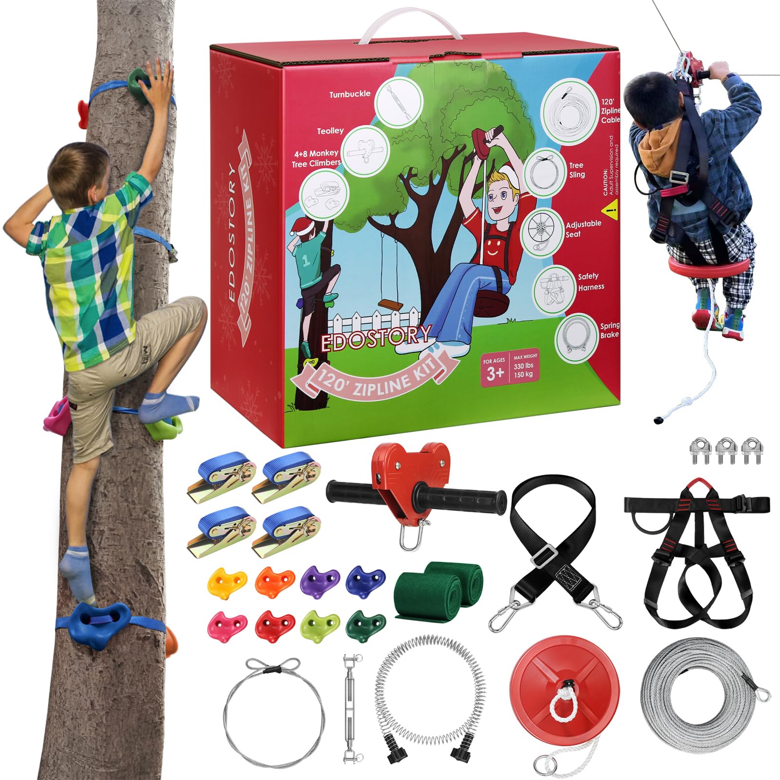 EDOSTORY 120 Feet Heavy Duty Backyard Zipline Kit for Kids & Adults - 330lb Weight Capacity with Spring Brake & Safety Harness, 4 Tree Protectors - Perfect for Outdoor Adventure, Birthday & Christmas Gifts (Red) - Great for Backyard Fun, Family Bonding & Outdoor Activities