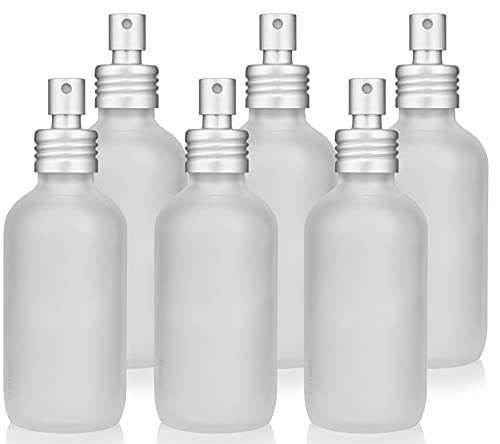 JUVITUS 4 oz Frosted Clear Glass Boston Round Bottle with Metal Aluminum Sprayer (6 Pack) - Essential Oil Spray Bottles, Perfume Atomizer, DIY Beauty Containers - Perfect for Aromatherapy, Hair Mist & Travel Size Liquids