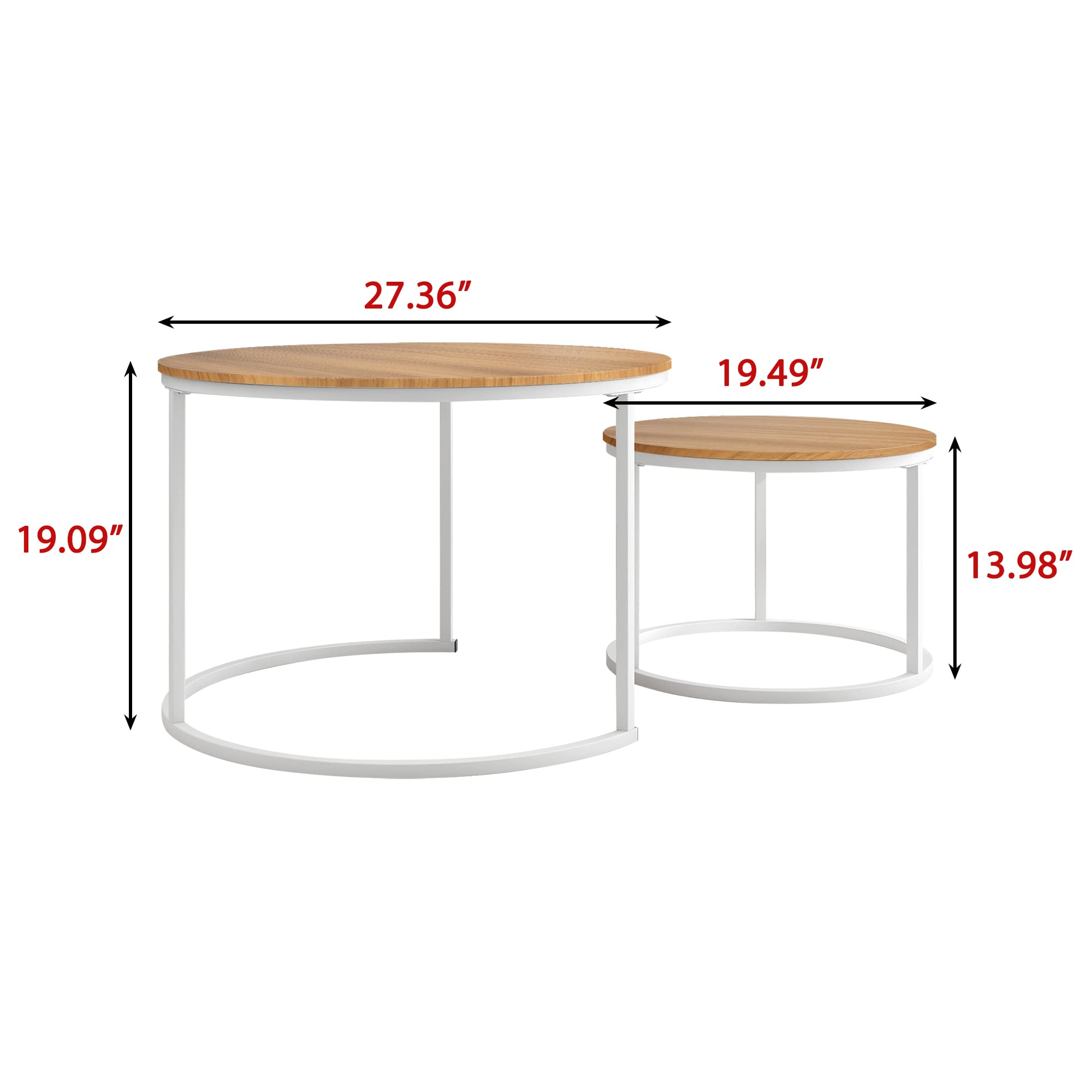 HOJINLINERO 2-Piece Round Coffee Table Set - Stackable End Tables for Living Room, Sturdy & Easy Assembly, Wood Look Accent Furniture with Metal Frame, Industrial Modern Style in White & Teak Oak - Perfect for Small Spaces, Sofa Side Tables, Coffee Table Alternatives, Home Office & Apartment Decor