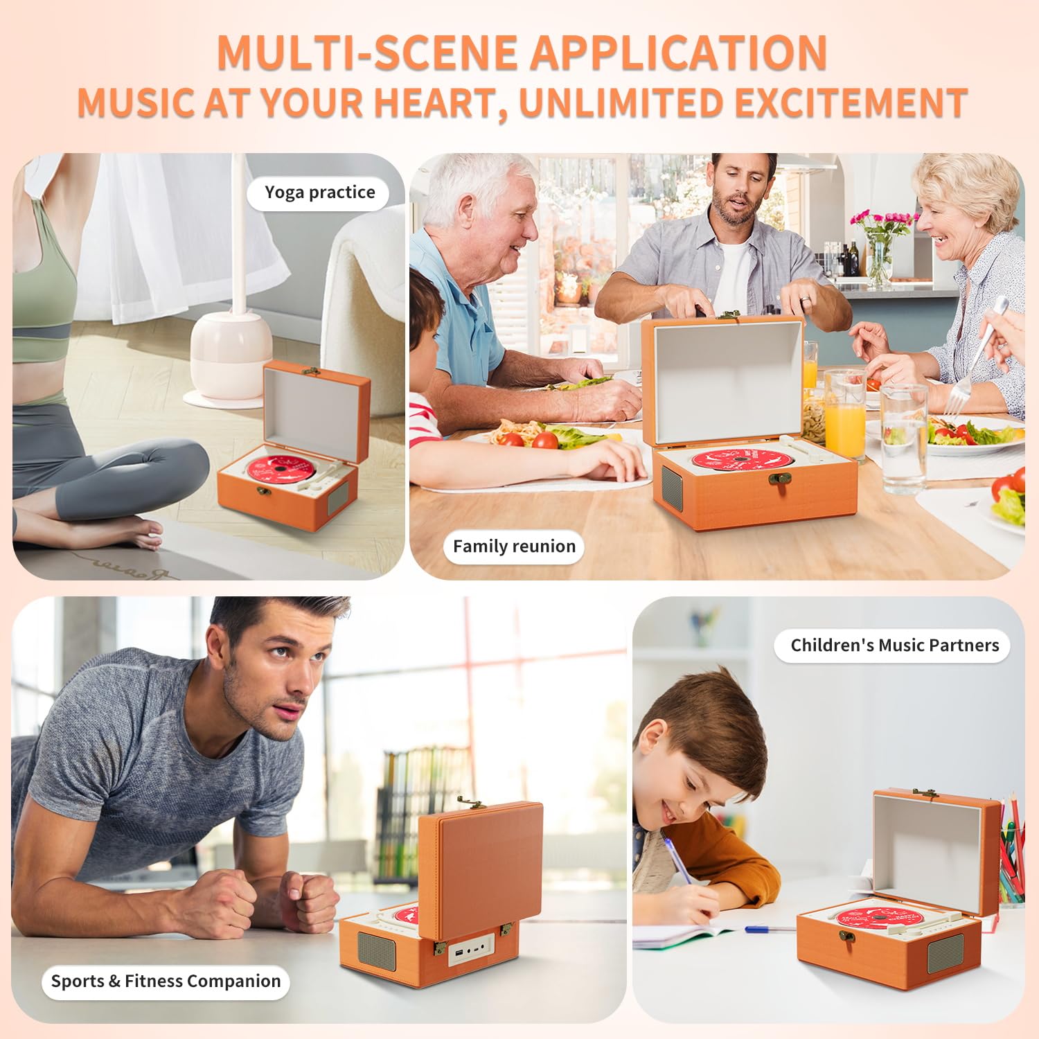 Time Music Box CD Player with Bluetooth & Speakers - Wireless Audio Transmitter for Home, Office, or Party | Perfect Gift for Music Lovers & Home Decor (Orange)