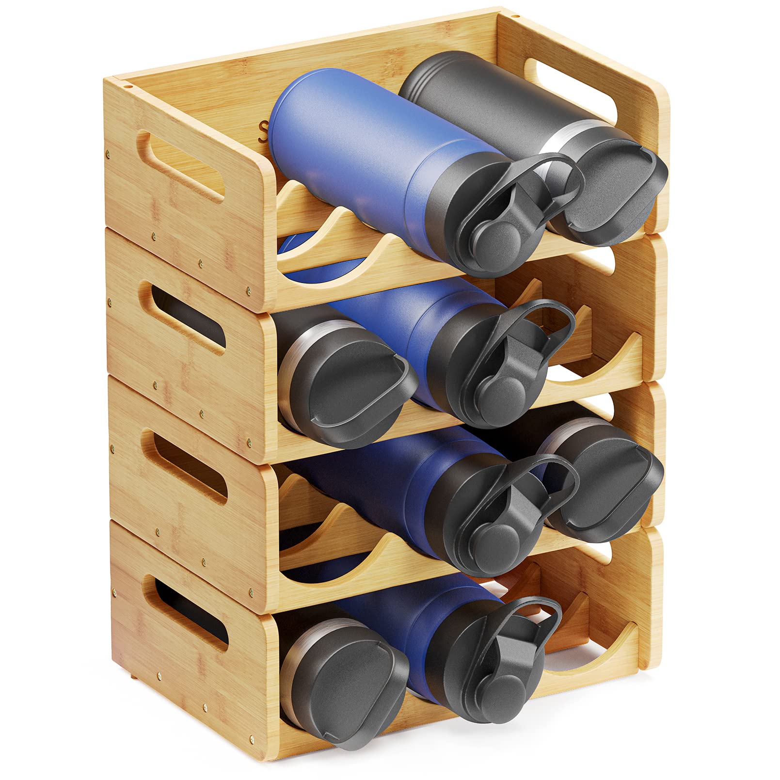 SpaceAid 4-Pack Bamboo Water Bottle Organizer with Labels - 3-Slot Kitchen Pantry Storage Rack for Cabinets, Holds 12 Bottles - Perfect for Organizing Cups, Wine Bottles & Drinkware in Home, Office or RV