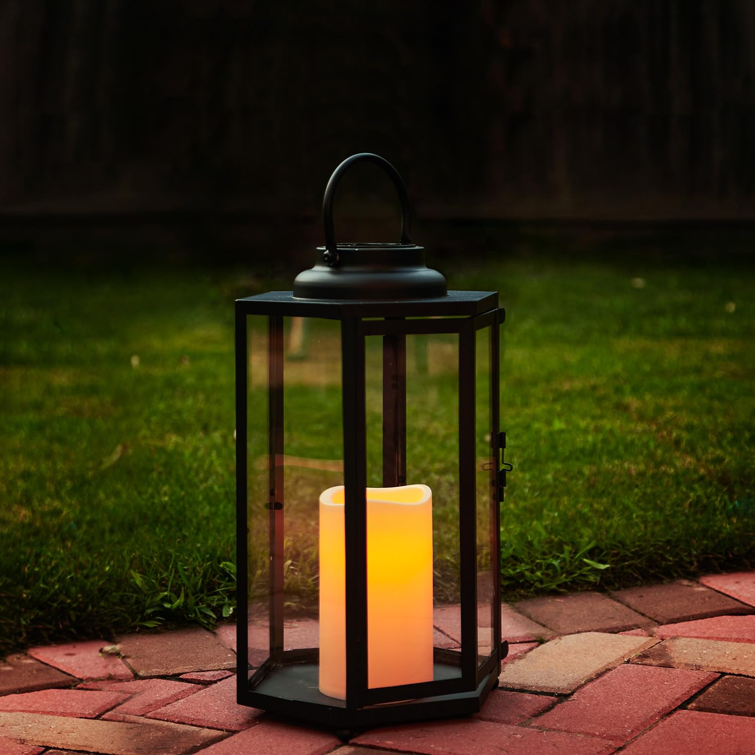 Outdoor Solar Powered Decorative Lantern with Flameless Candle - 14 Inch Black Metal & Glass Waterproof Hanging Light for Porch, Garden, Patio - Perfect for Evening Ambiance, Wedding Decor & Holiday Lighting