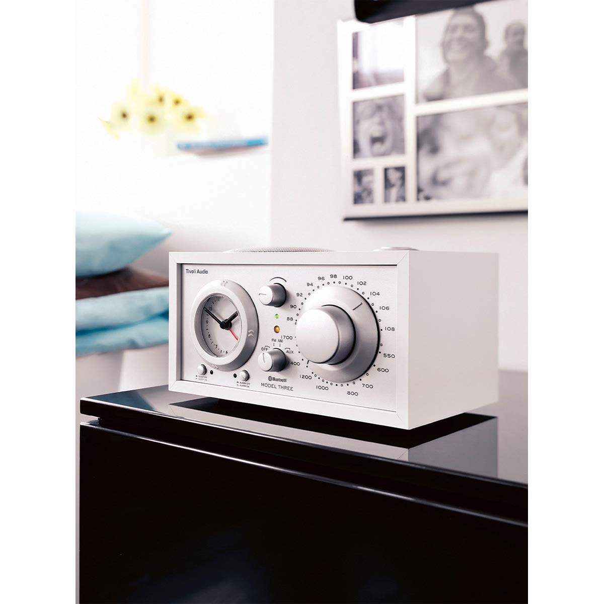 Tivoli Audio Model Three Bluetooth Clock Radio with USB Charging - Premium Sound Quality, White/Silver - Perfect for Bedroom, Office & Home Decor