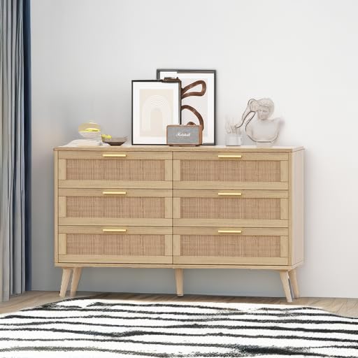 Rovaurx 6-Drawer Double Dresser for Bedroom - Modern Rattan Wooden Chest with Gold Handles, Storage Organizer for Closet, Living Room & Entryway - Natural Finish | Perfect for Bedroom Storage, Guest Room Furniture & Home Organization