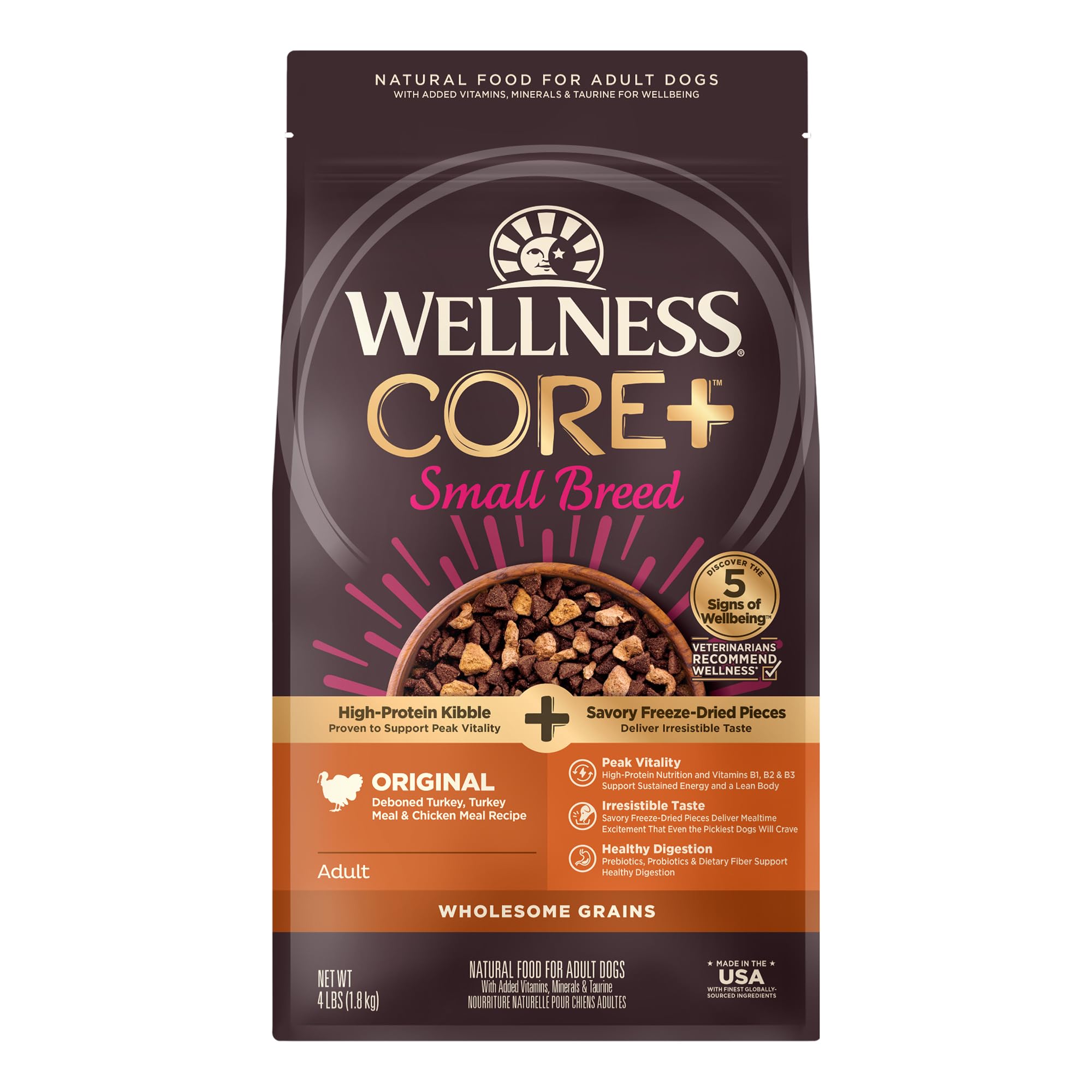 Wellness CORE+ Small Breed Dry Dog Food with Freeze-Dried Turkey & Chicken - High Protein, Natural Recipe with Wholesome Grains - 4lb Bag for Active Small Dogs - Perfect for Daily Meals, Training Treats & On-the-Go Nutrition