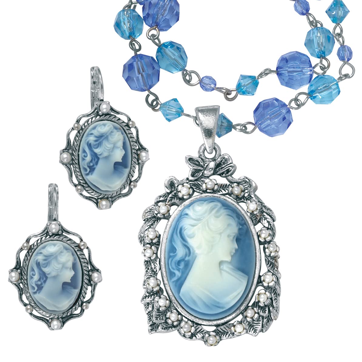 Vintage Silver Tone Cameo Necklace and Earring Set with Lucite & Simulated Pearls - 16
