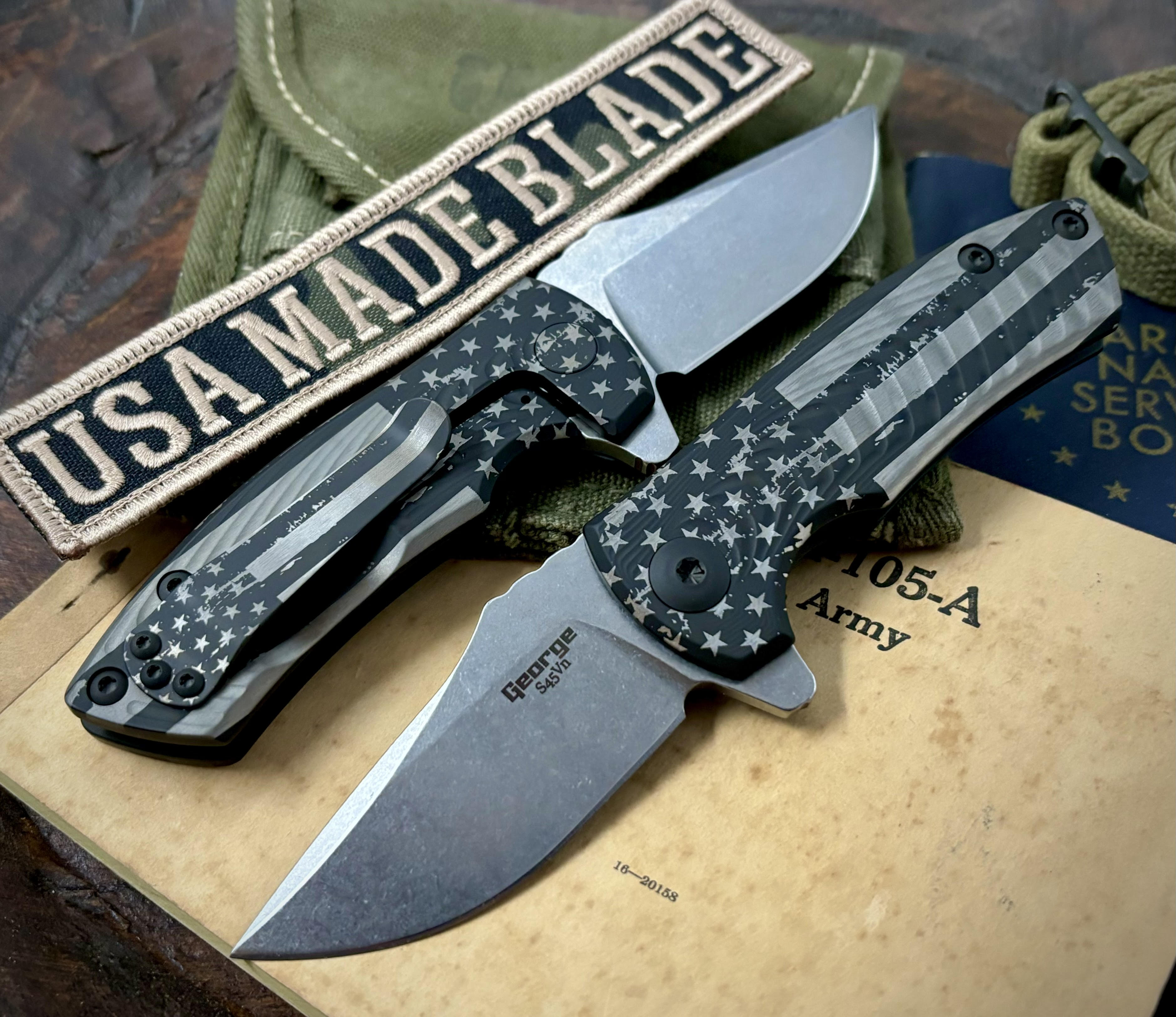Exclusive Full Battle Stars & Stripes Les George ESV Flipper Knife - Black DLC Morph Titanium Handle & S45VN Blade - Perfect for EDC, Outdoor Adventures & Collectors