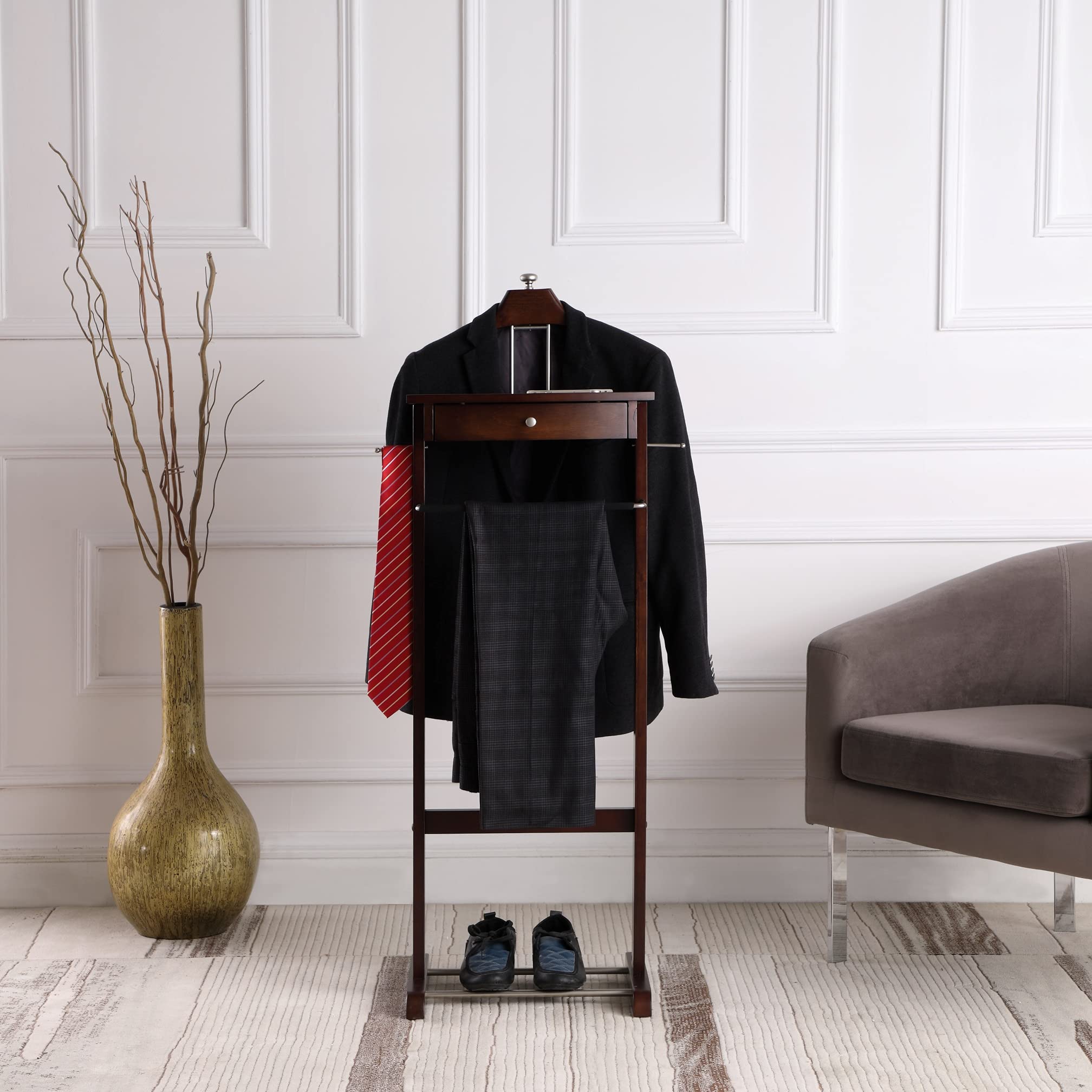 Proman Products Kingston III Valet Stand with Drawer - Wooden Coat Rack with Contour Hanger, Trouser Bar, Tie & Belt Hooks & Shoe Rack - VL36260 - Perfect for Bedroom, Entryway & Closet Organization