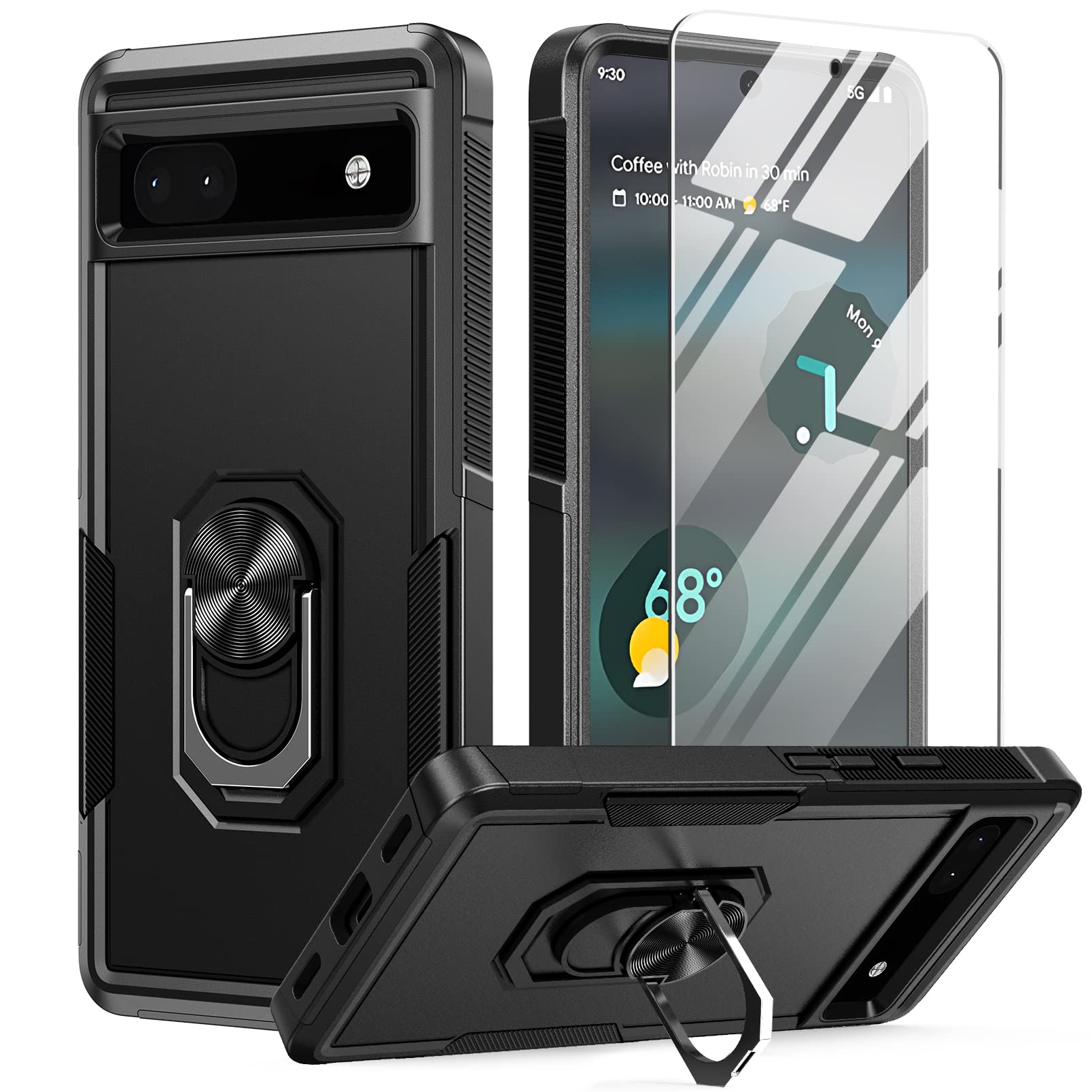 Google Pixel 6a Case with Ring Holder & Kickstand - Heavy Duty Dual Layer Rugged Military Shockproof Protection Cover for 6.1 Inch Smartphone (Black) | Perfect for Outdoor Activities, Travel and Daily Use