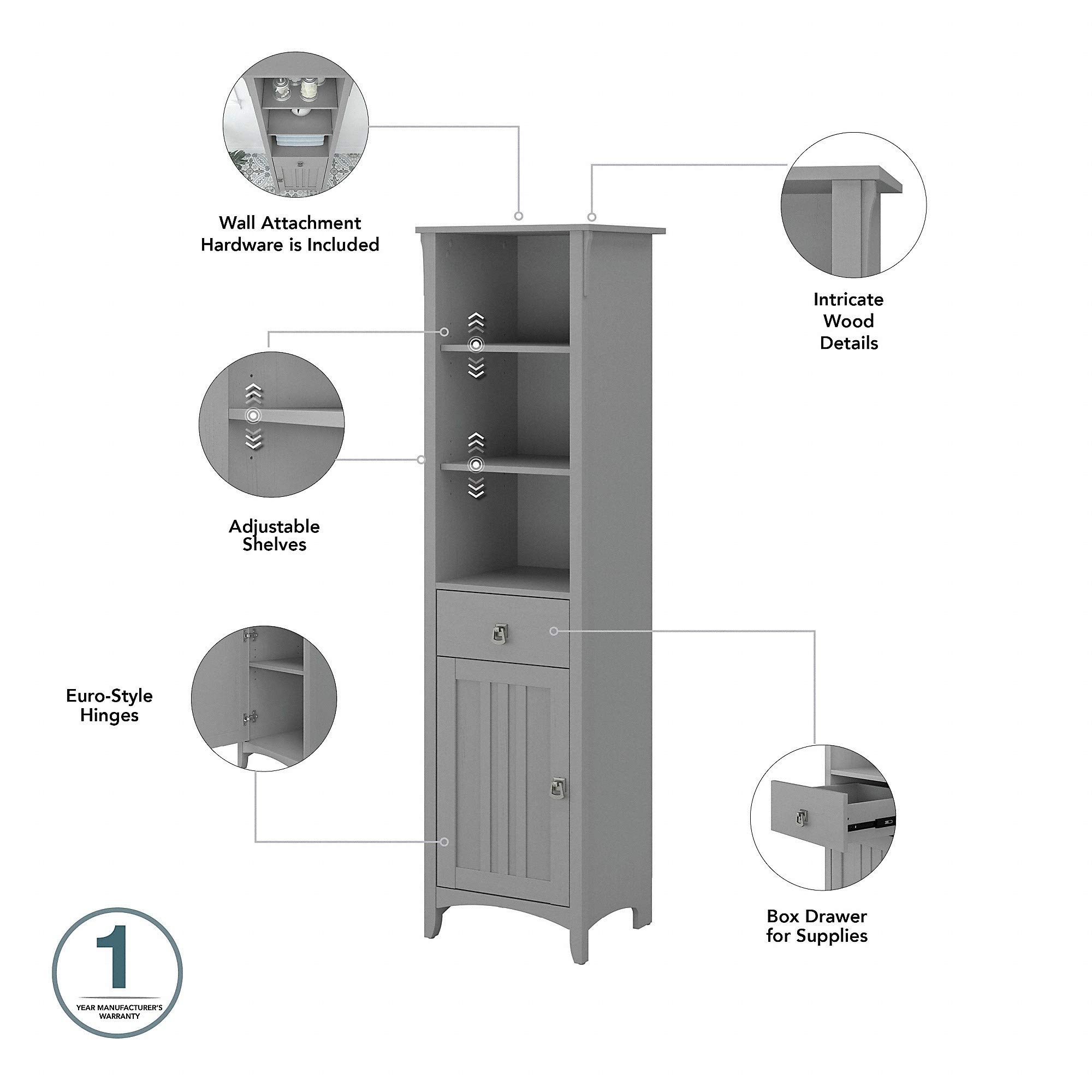 Bush Furniture Salinas Tall Narrow Bookcase Cabinet - 5-Shelf Storage Organizer for Home Office, Living Room & Bedroom - Perfect for Books, Decor & Storage Needs