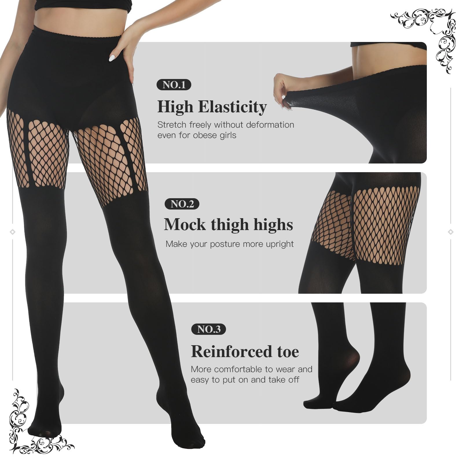 MANZI 2 Pairs Women's Suspender Opaque Fishnet Stockings Thigh High Mesh Tights - Sexy Black Stockings for Party, Cosplay & Night Out