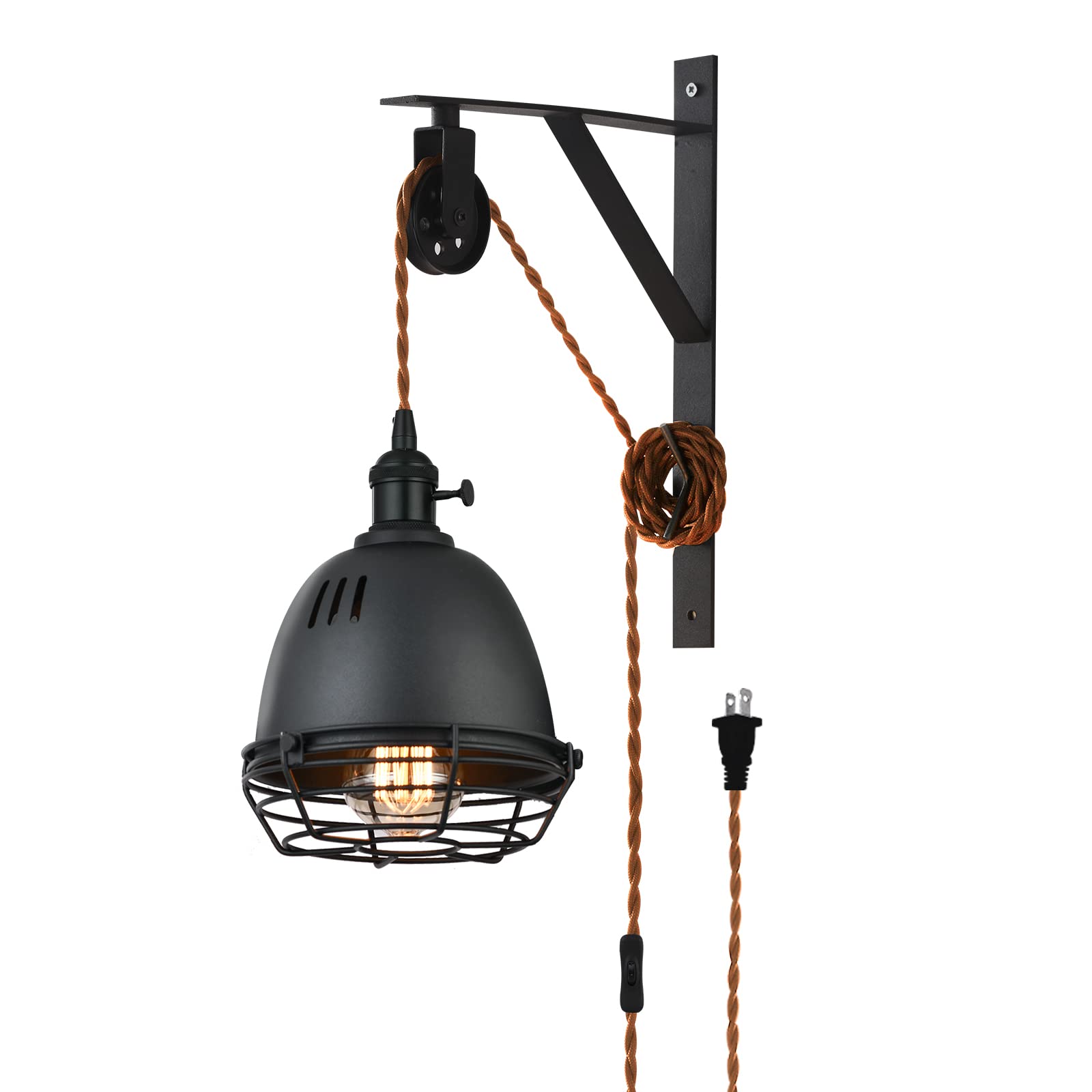 Vintage Industrial Farmhouse Wall Mount Pulley Pendant Lamp - Adjustable Wall Sconce with Sand Black Lampshade & Iron Cage - 15-Foot Brown Plug & Switch - Perfect for Rustic Home Decor, Loft Lighting, and Industrial Style Bedroom Accent