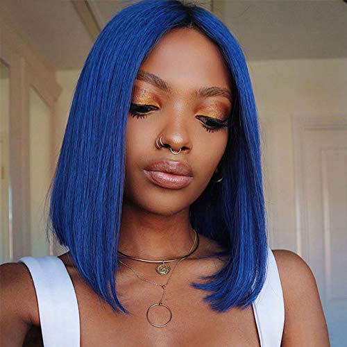 Brazilian Blue Human Hair Bob Wig 13x4 Lace Front for Women - 10 Inch Pre Plucked Silky Straight Middle Part with Baby Hair, 180% Density, Bleached Knots, HD Transparent Lace - Perfect for Cosplay, Parties, and Daily Fashion Styling