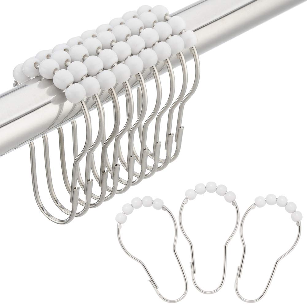 Stainless Steel Shower Curtain Hooks & Rings Set of 12 - Durable Acrylic White Bathroom Accessories for Shower Rods & Curtains - Perfect for Modern Bathrooms, Spa-Like Showers & Home Decor