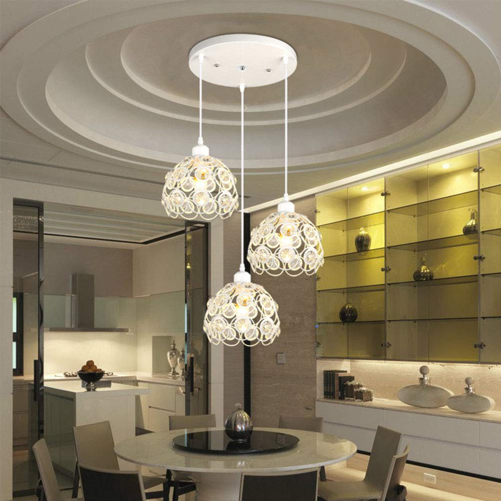 Vintage Industrial Ceiling Pendant Light - Adjustable Round Metal Chandelier with Crystal Lampshade, 3-Light Fixture in White - Perfect for Living Room, Bedroom, and Dining Table Lighting