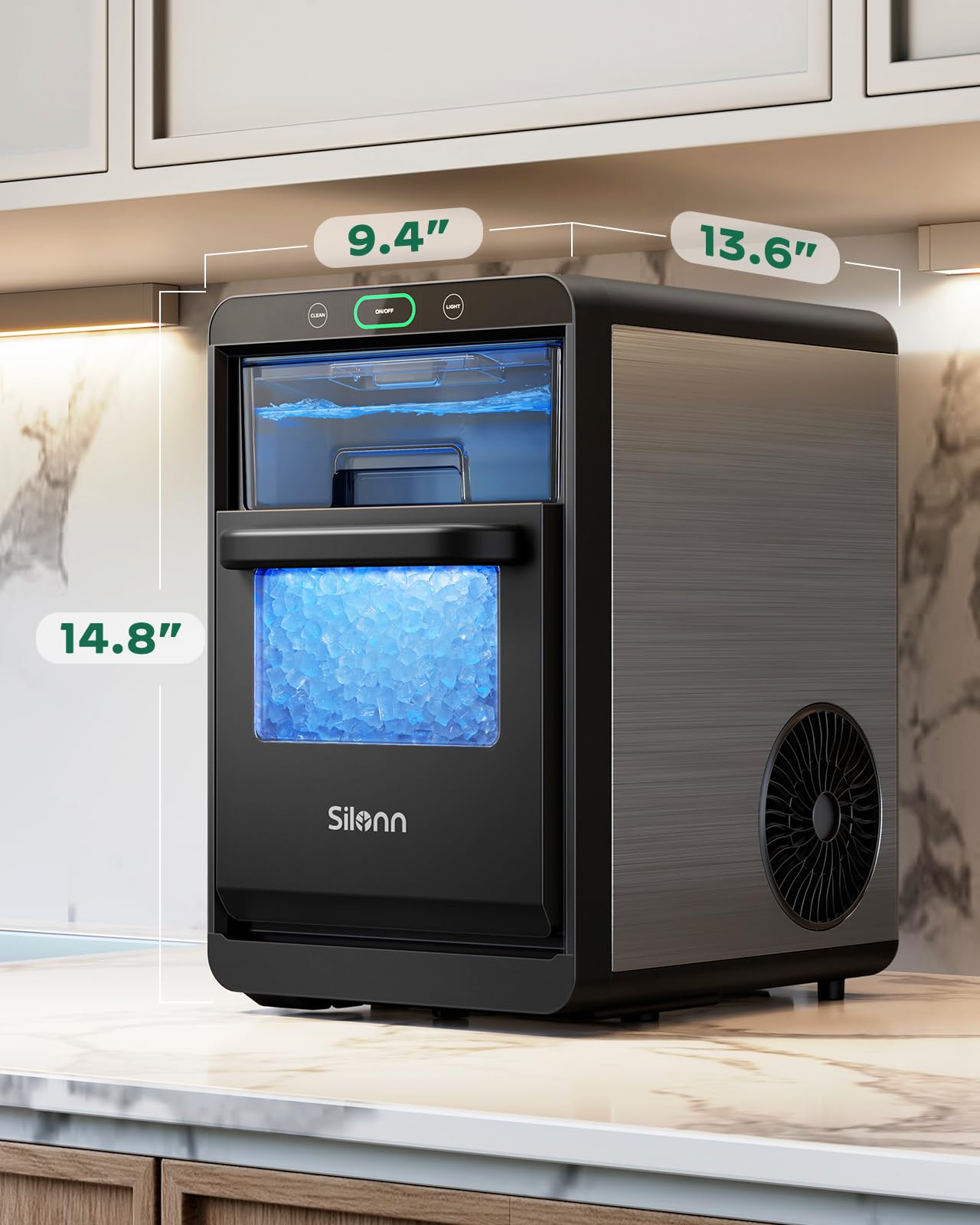 Silonn Countertop Nugget Ice Maker - 44lbs/24h Crushed Ice Machine with Pull-Out Water Tank & Removable Basket - Stainless Steel Pebble Ice Maker for Home, Kitchen, Office, Bar, RV - Perfect for Cocktails, Sodas & Entertaining