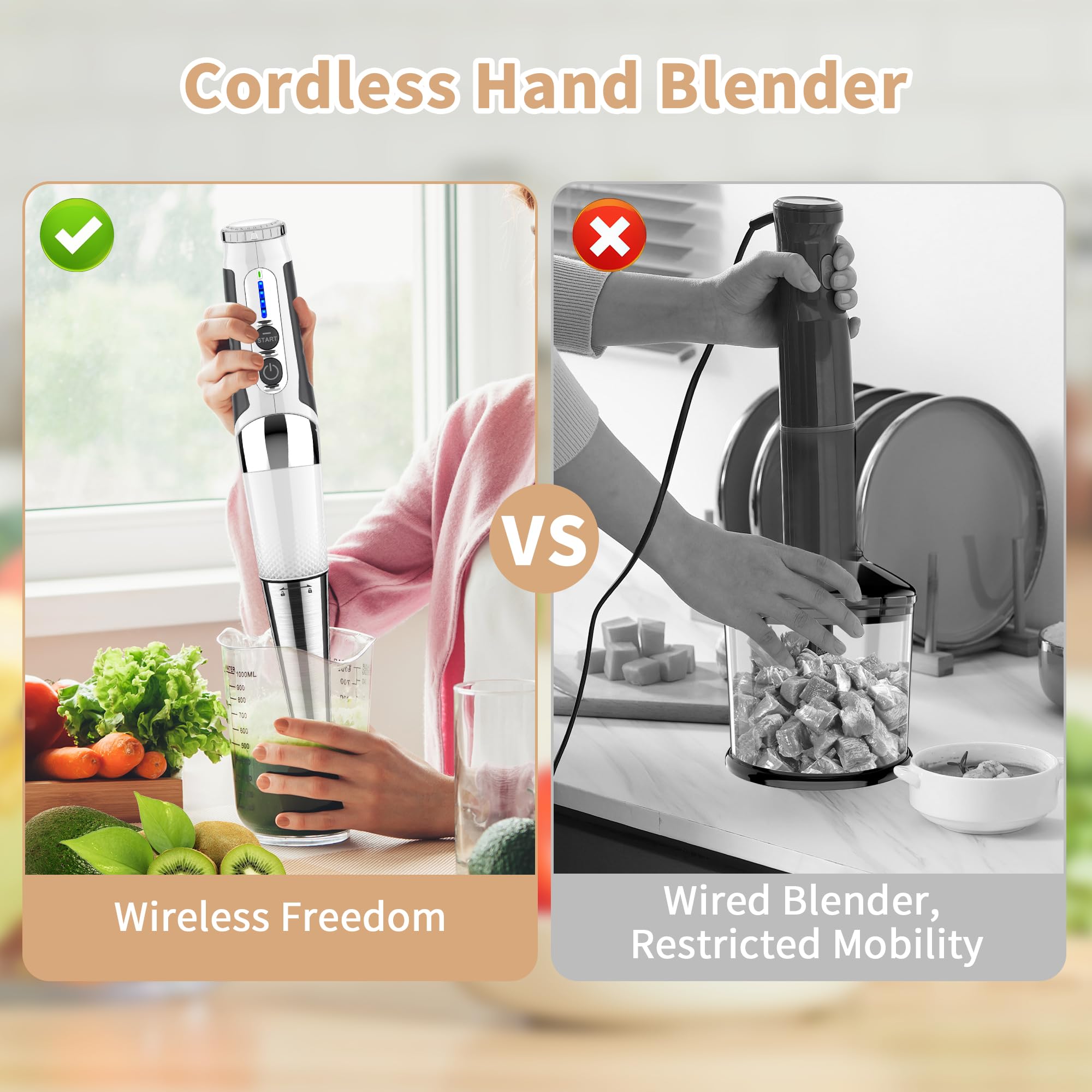 4-in-1 Cordless Immersion Blender with 700ml Chopper & Beaker - 21 Speed Rechargeable Hand Blender with Egg Whisk & Beater for Smoothies, Soup, Baby Food - 3-Angle Adjustable White Electric Blender for Kitchen, Home Cooking & Meal Prep