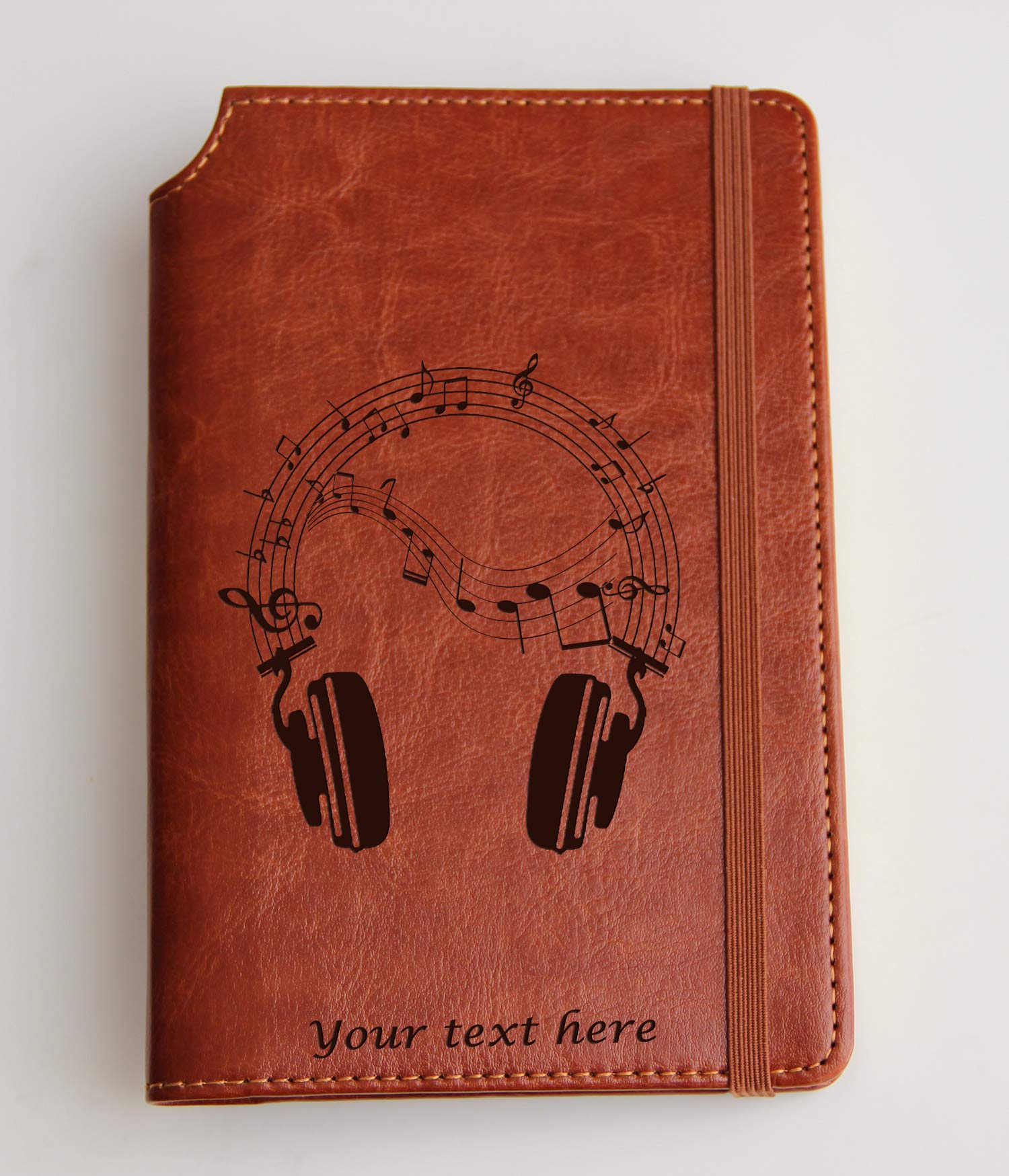 Custom Music Notes Headphone Journal - Personalized Leather Bound Notebook with Custom Text or Quote, Elastic Closure, Ideal for Musicians, Students & Corporate Gifts - Perfect for Songwriting, Note Taking & Daily Journaling