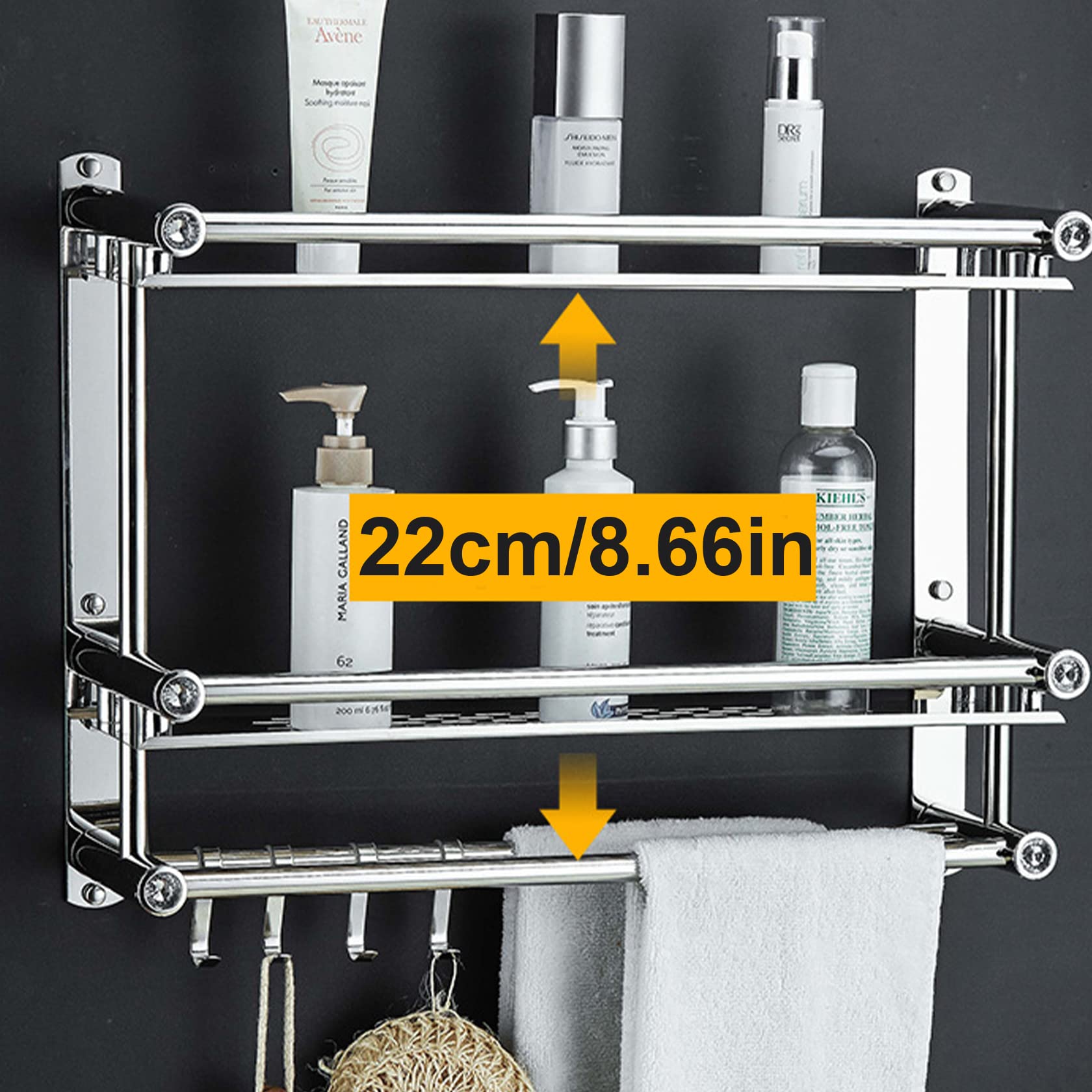 Stainless Steel Wall Mounted Bathroom Shelf with Towel Bar & 5 Hooks - 1/2/3 Tier Shower Organizer (40/50/60/70/80cm) - No Drill Adhesive Installation - Perfect for Small Bathrooms, Showers & Spa Areas