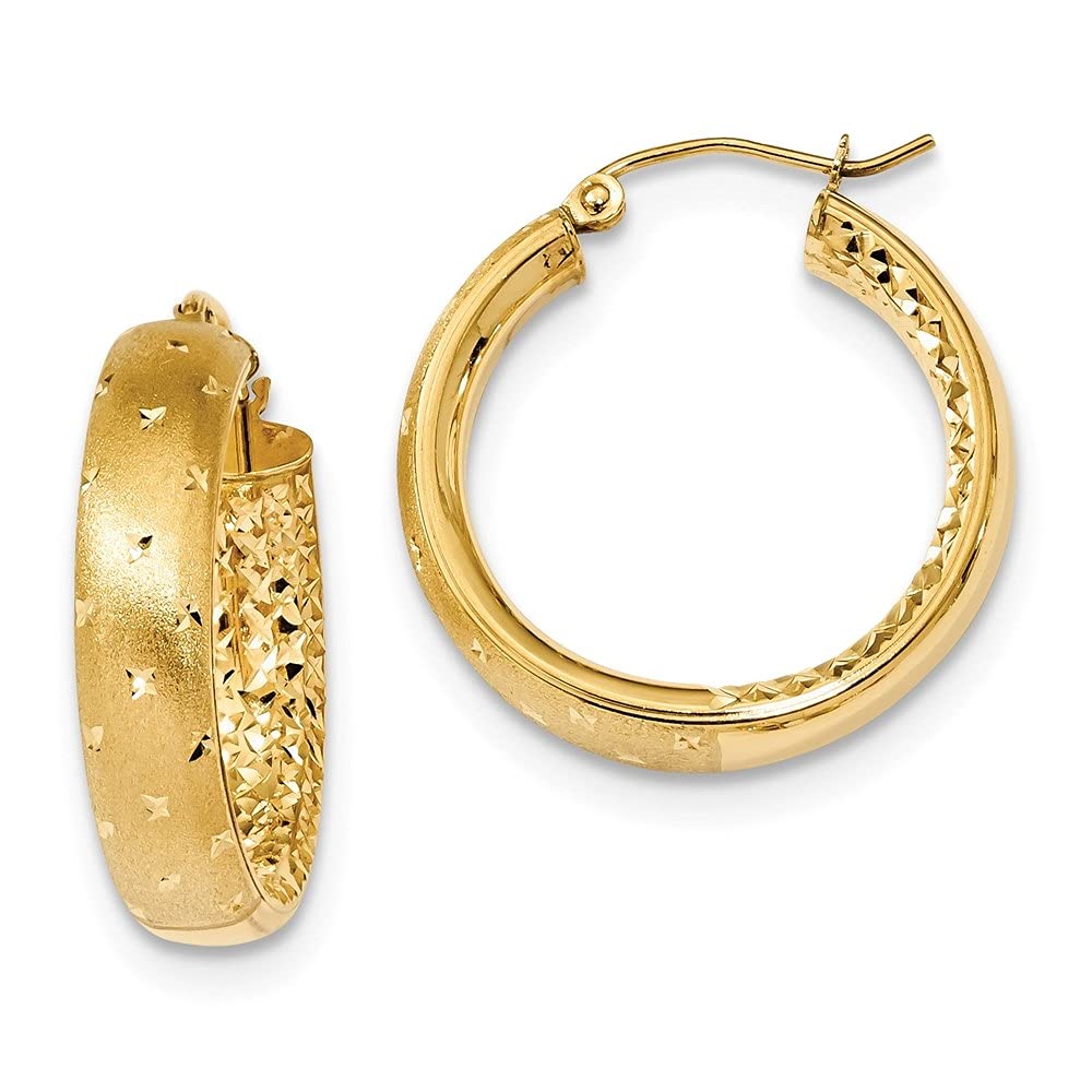 14K Yellow Gold Polished Satin & Diamond-Cut Hoop Earrings for Women - Elegant Everyday Jewelry for Work, Parties & Special Occasions
