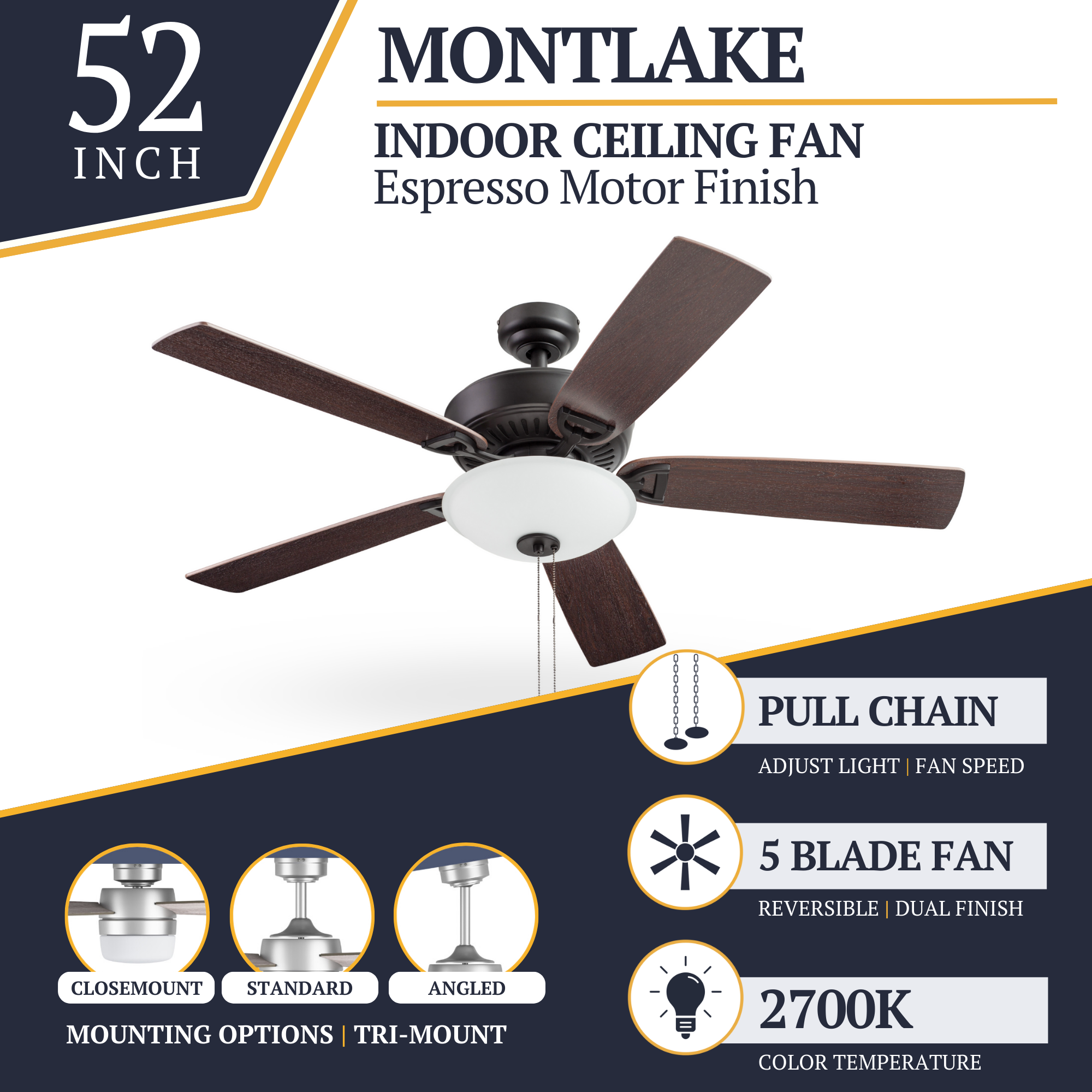 52 Inch Montlake Ceiling Fan with Pull Chain in Espresso Bronze Finish - Perfect for Living Room, Bedroom, and Outdoor Spaces