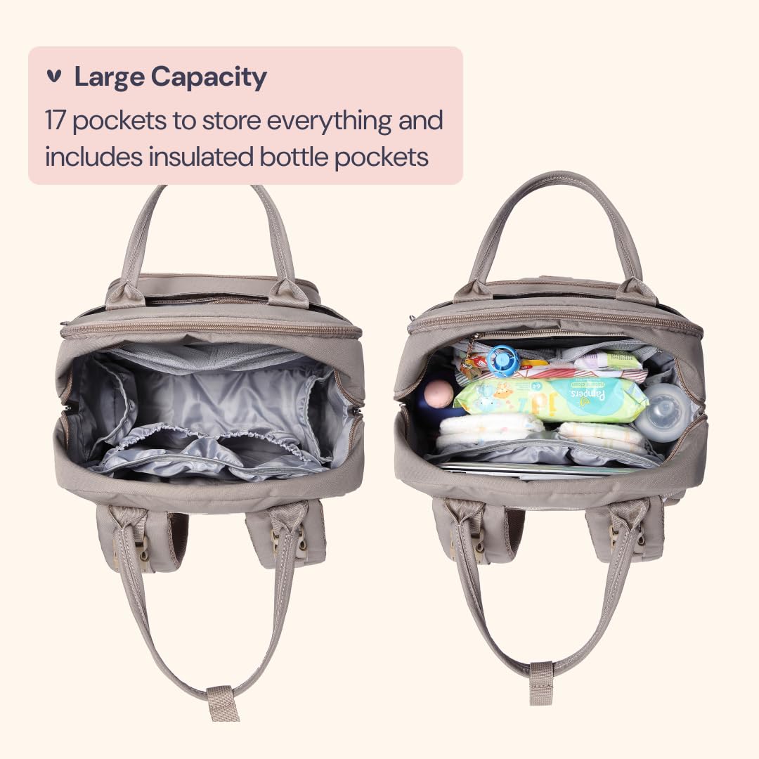 BabbleRoo Waterproof Diaper Backpack - Multifunctional Baby Travel Bag with Changing Pad, Stroller Straps & Pacifier Case - Unisex Khaki Diaper Tote for Parents - Perfect for Daycare, Travel & On-the-Go Parenting