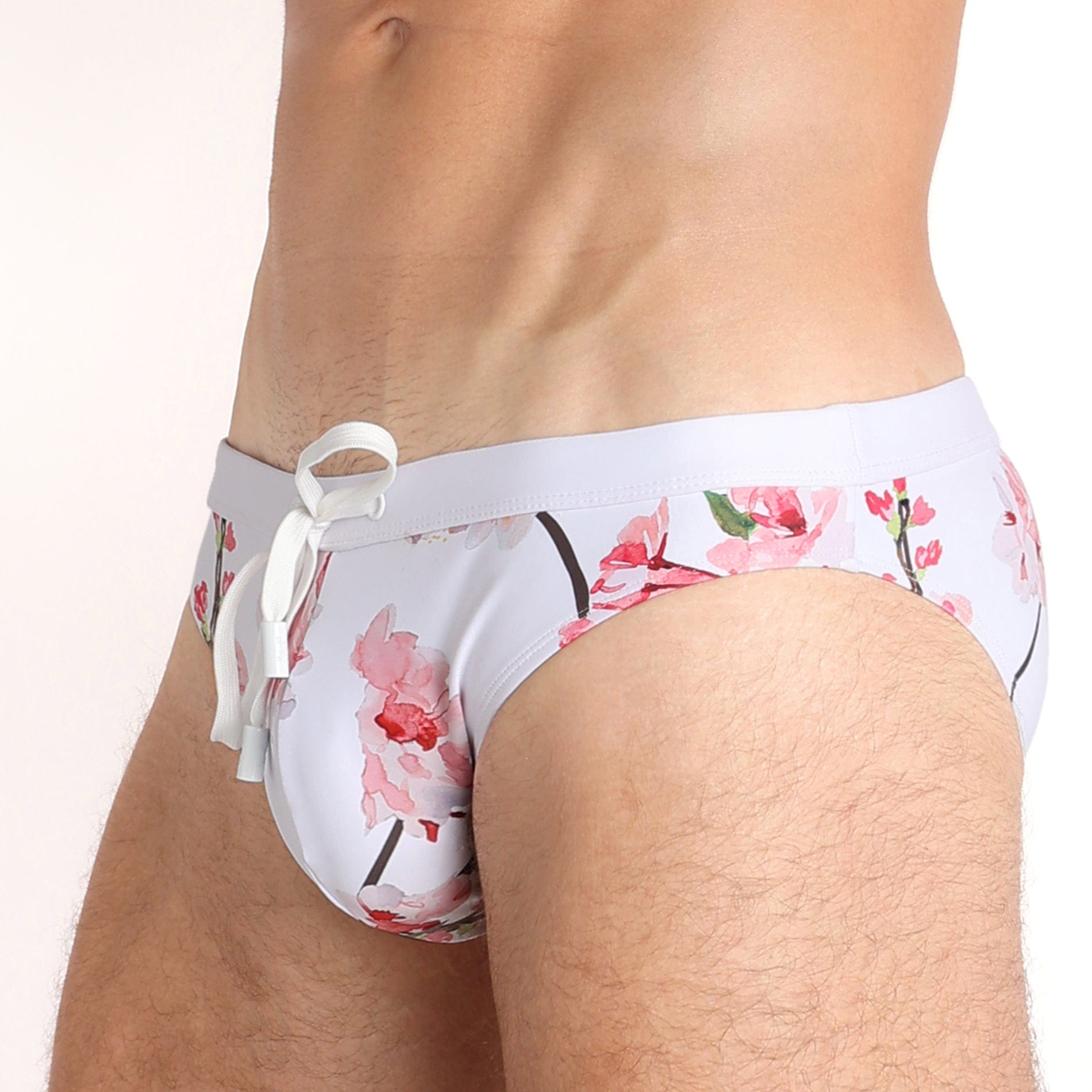 Cherry Blossom Print White Swim Briefs for Men - High Waisted Comfortable Beach Swimwear for Pool, Vacation & Summer Activities