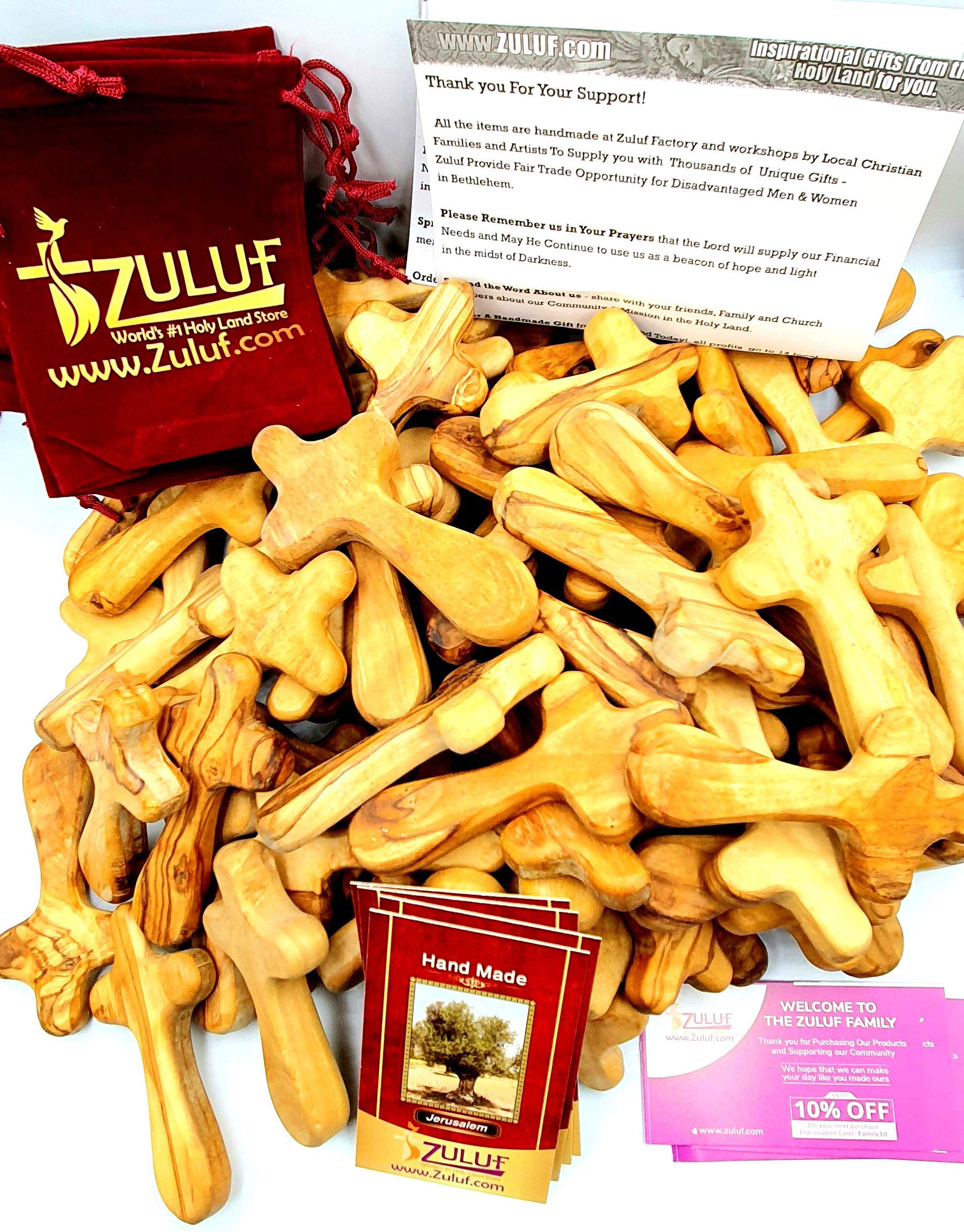 Handmade Olive Wood Cross from Holy Land Nazareth - Religious Gift Set with 100 Velvet Pouches & 50 Certificates (3.7 Inch) - Perfect for Baptism, Confirmation & Christian Home Decor