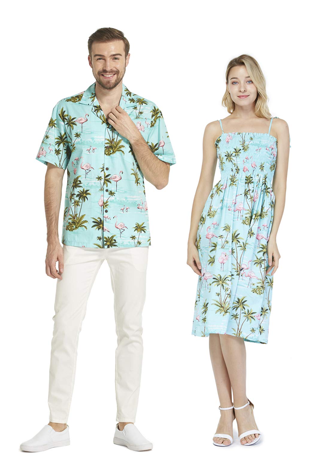 **Hawaiian Couple Matching Aloha Shirt & Elastic Tank Dress - Pink Flamingo Print on Blue - Perfect for Beach Vacations, Luau Parties & Summer Getaways**