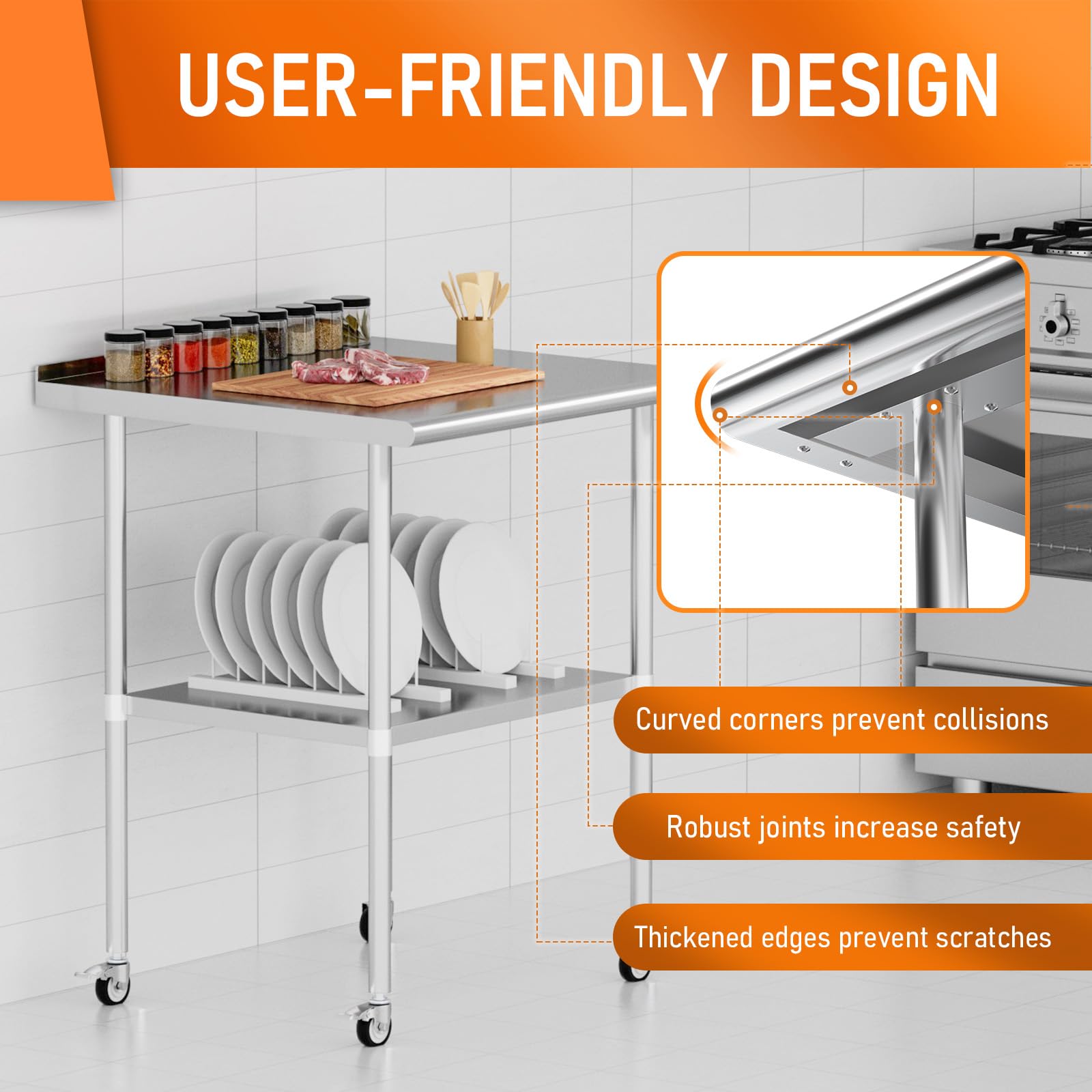 Stainless Steel Prep & Work Table with Adjustable Shelf, Backsplash & Wheels - 30