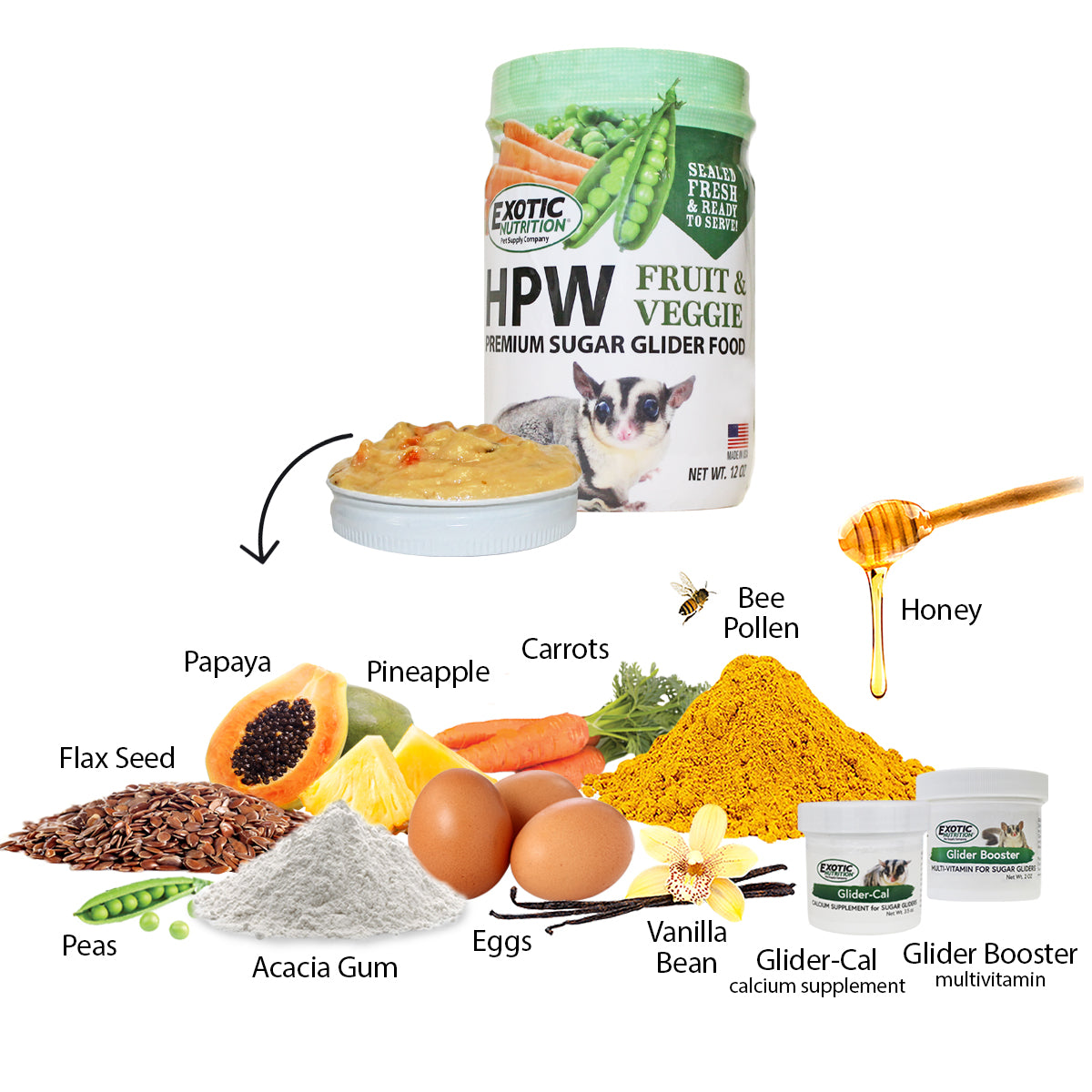 Premium HPW Sugar Glider Complete Diet Food - High Protein Nutritional Powder Mix for Exotic Pets - Ideal for Sugar Gliders, Flying Squirrels & Small Marsupials - Perfect for Daily Feeding & Breeding Nutrition