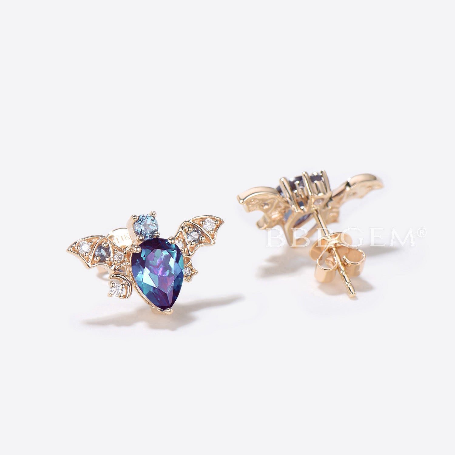 Pear Alexandrite Stud Earrings - Moon & Star Design Bat Earrings for Women | Hypoallergenic Jewelry for Gifts, Parties & Halloween Costume Accessories