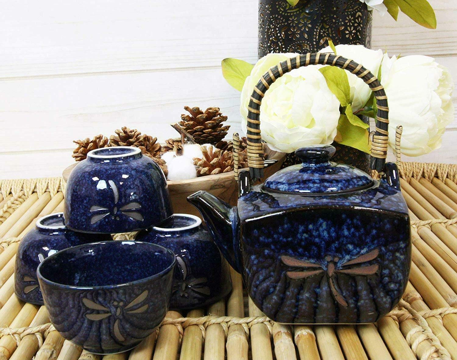 Premium Japanese Tombo Dragonfly Midnight Blue 20oz Porcelain Tea Set - Elegant Teapot & Cups for Afternoon Tea, Home Decor & Gift Giving