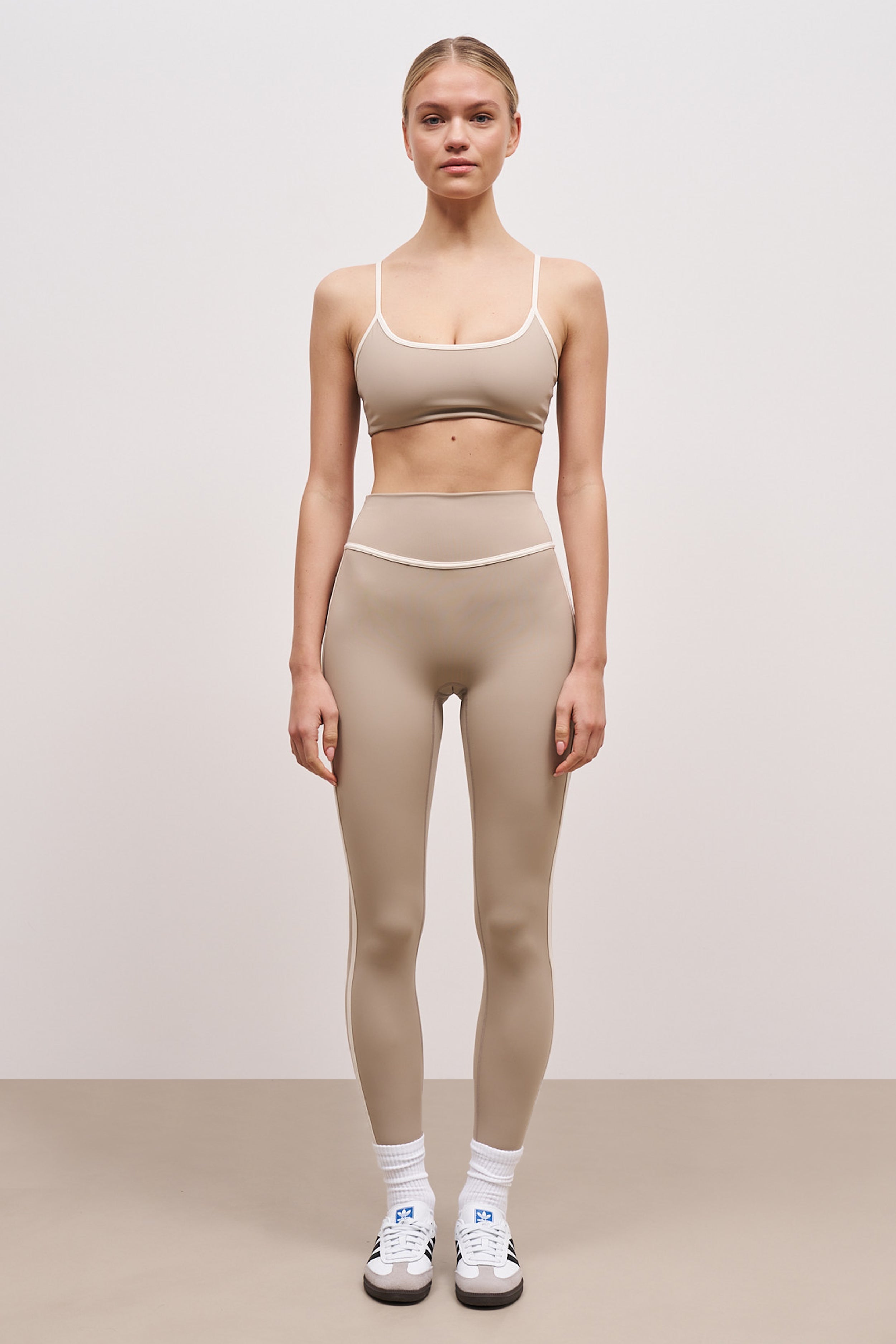 High Waist Base Contrast Trim Leggings for Women - Taupe/Tofu - Comfortable Workout Yoga Pants for Gym, Running & Everyday Wear