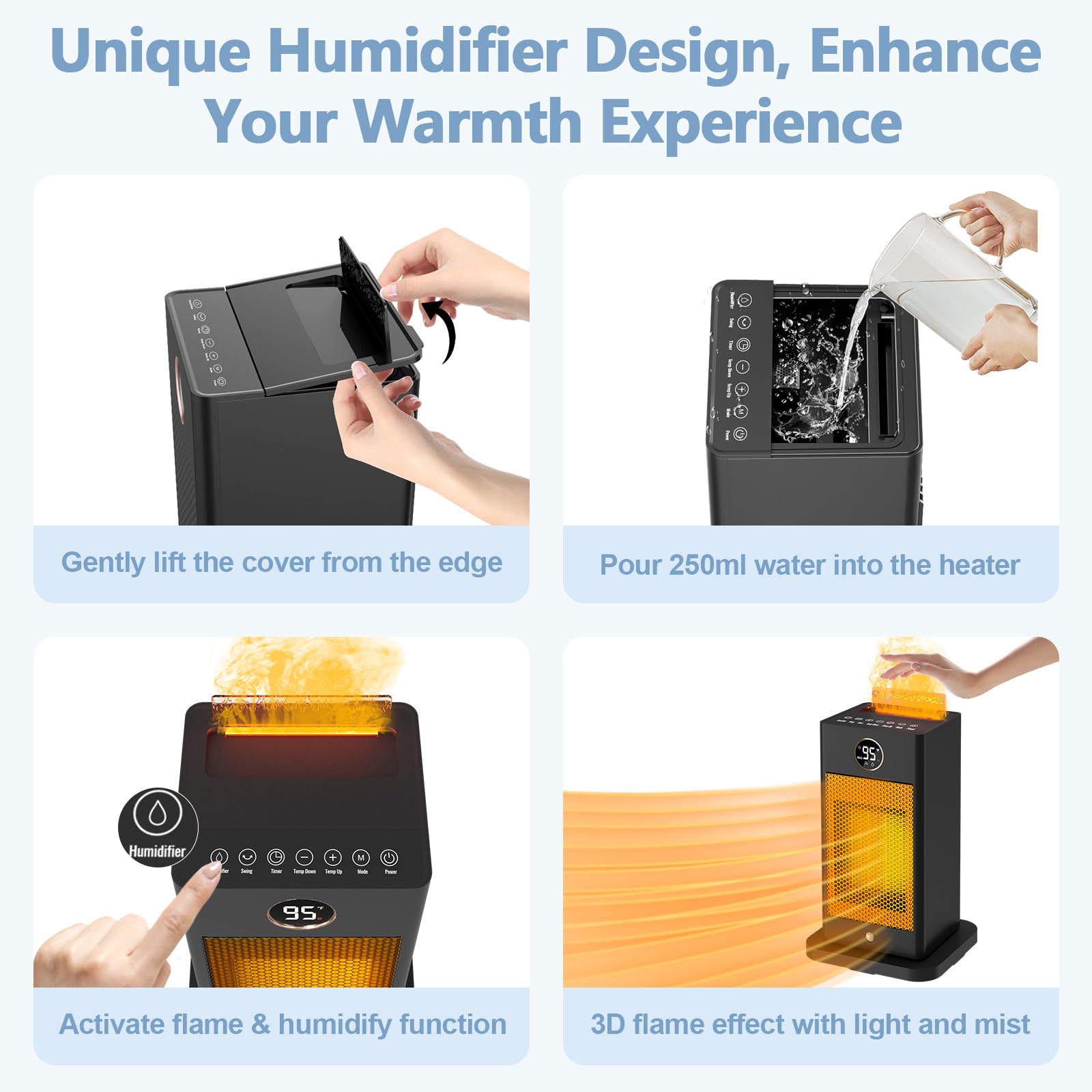 3-in-1 Space Heater with Humidifier & Motion Sensor - 1500W Portable Electric Heater with Thermostat, 3D Flame Effect for Office, Bedroom, Home, Garage - Perfect for Winter Heating & Air Moisturizing