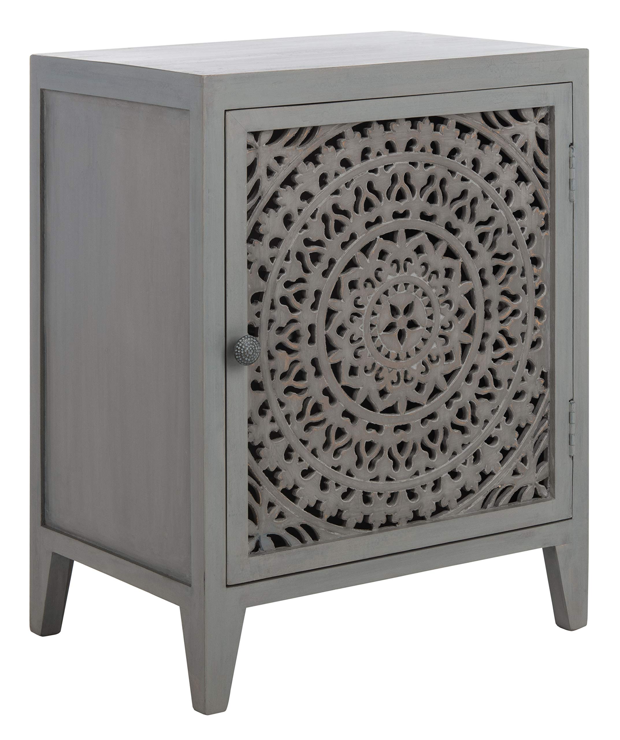 Safavieh Home Thea Brown 1-Door Carved Mandala Nightstand - Elegant Bedside Table with Storage for Bedroom Decor