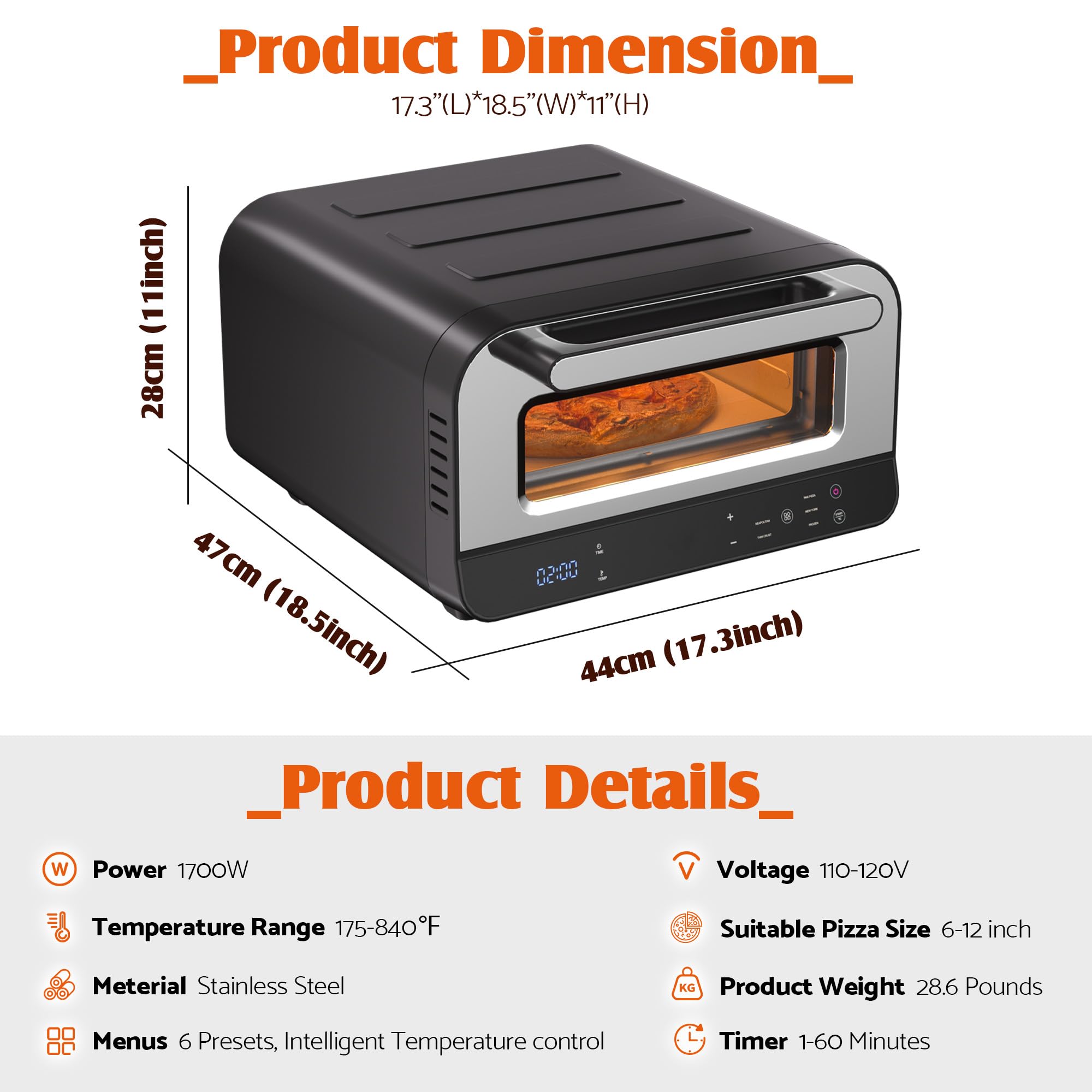 Upgrade Electric Pizza Oven for Indoor Use - 1700W Countertop Pizza Maker Heats to 840℉ with 6 Touchscreen Presets, Includes Pizza Stone & Peel - Perfect for Home Kitchen, Parties, and Restaurant-Style Pizza Making