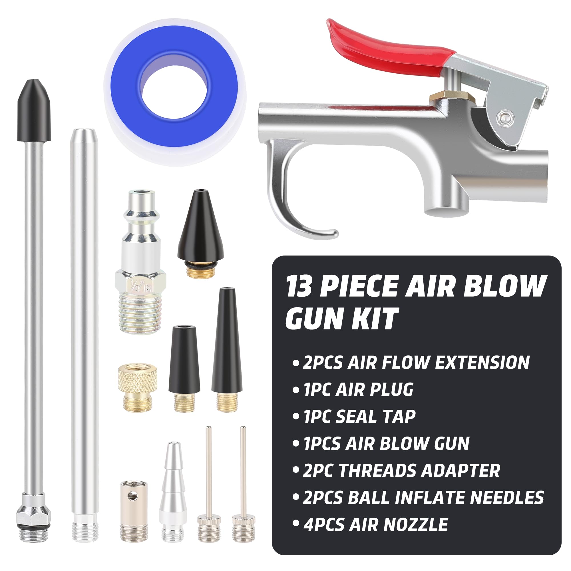 WYNNsky Air Blow Gun Kit with 2PCS Air Flow Extensions & 4PCS Nozzle Tips - 13PCS Complete Air Compressor Accessories Set for Cleaning, Drying, and Dusting - Ideal for Automotive, Workshop, and DIY Projects
