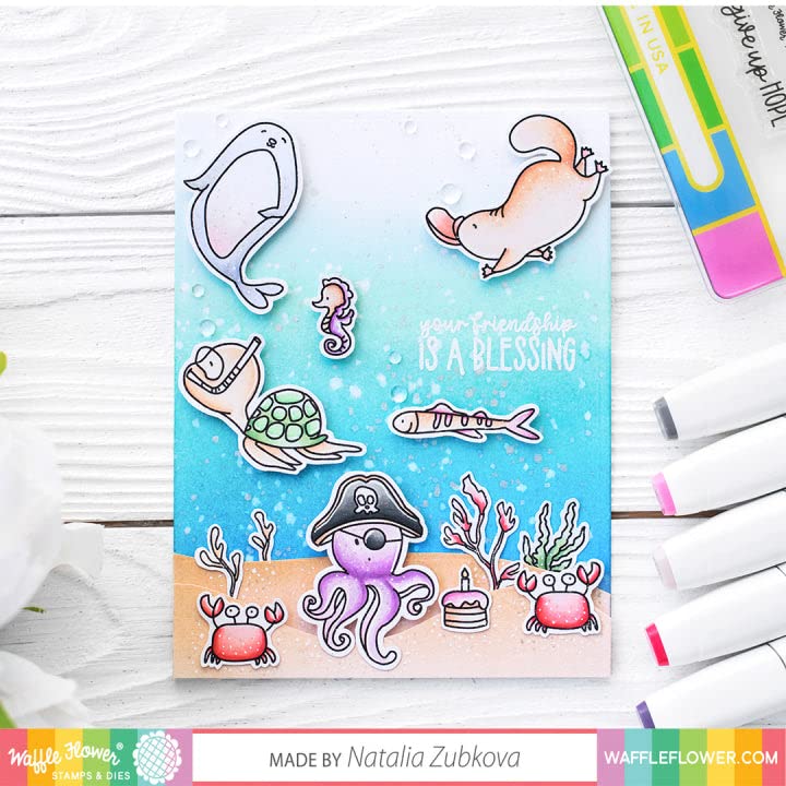 Waffle Flower Sea Birthday Stamp Set - Cute Underwater Creatures for DIY Greeting Cards, Scrapbooking & Party Invitations