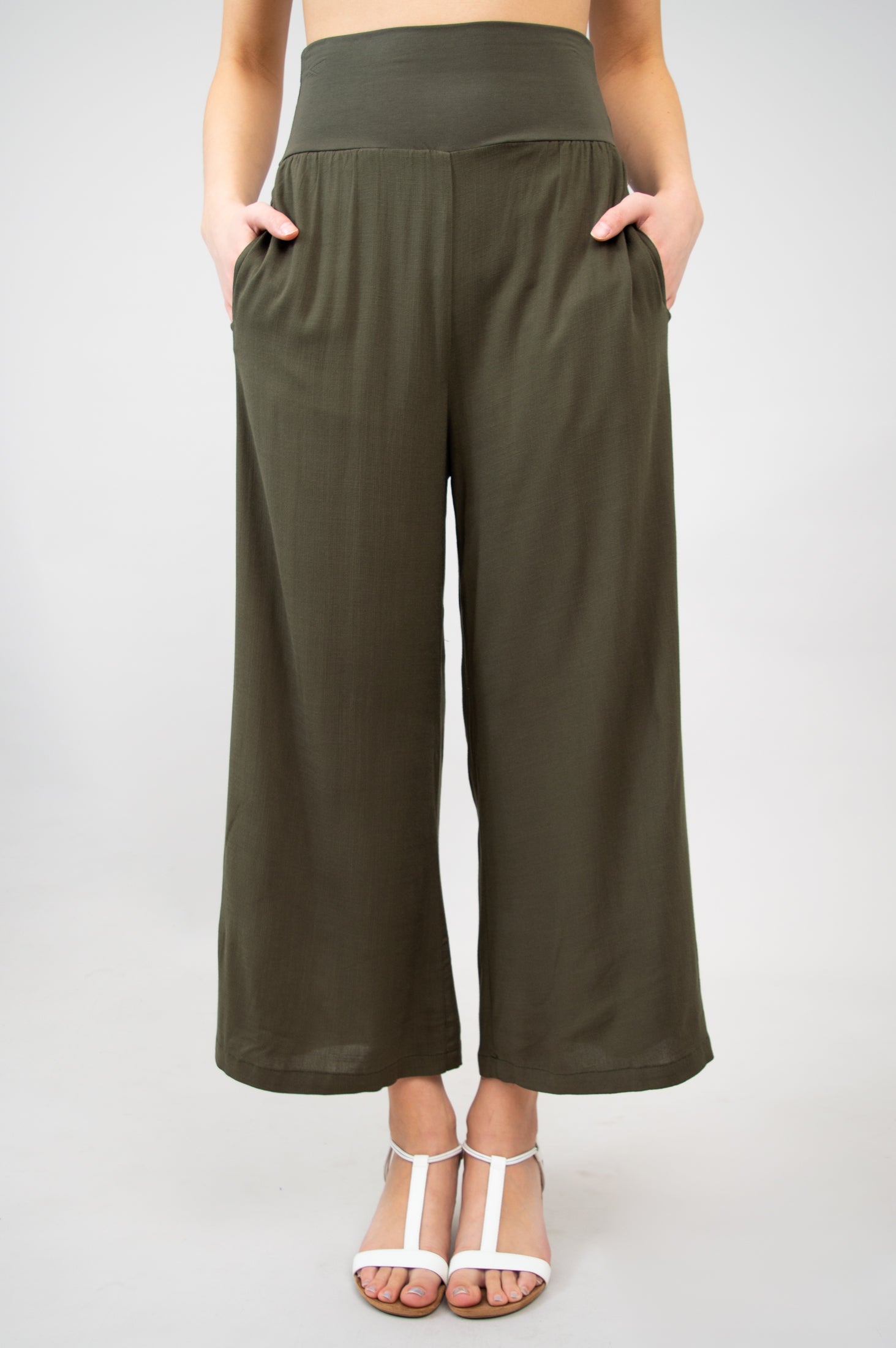 Landon Capri Pants for Women - Khaki Linen Bamboo Blend - Comfortable & Breathable for Summer, Travel & Casual Wear