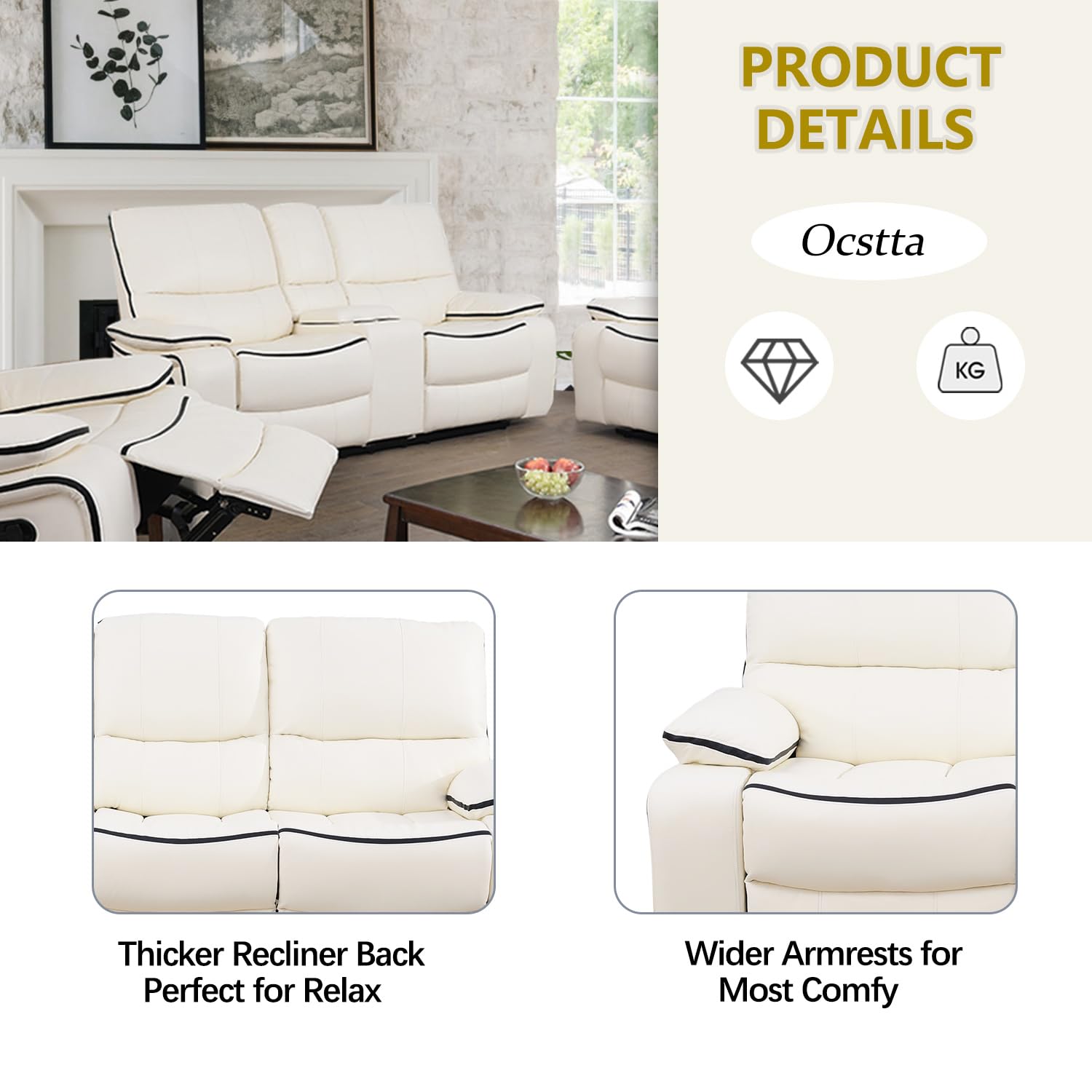 Bonded Leather Recliner Sofa Set with Cup Holders - Living Room & Office Furniture (Loveseat & Couch, Cream White) | Perfect for Family Movie Nights & Home Theater Lounging