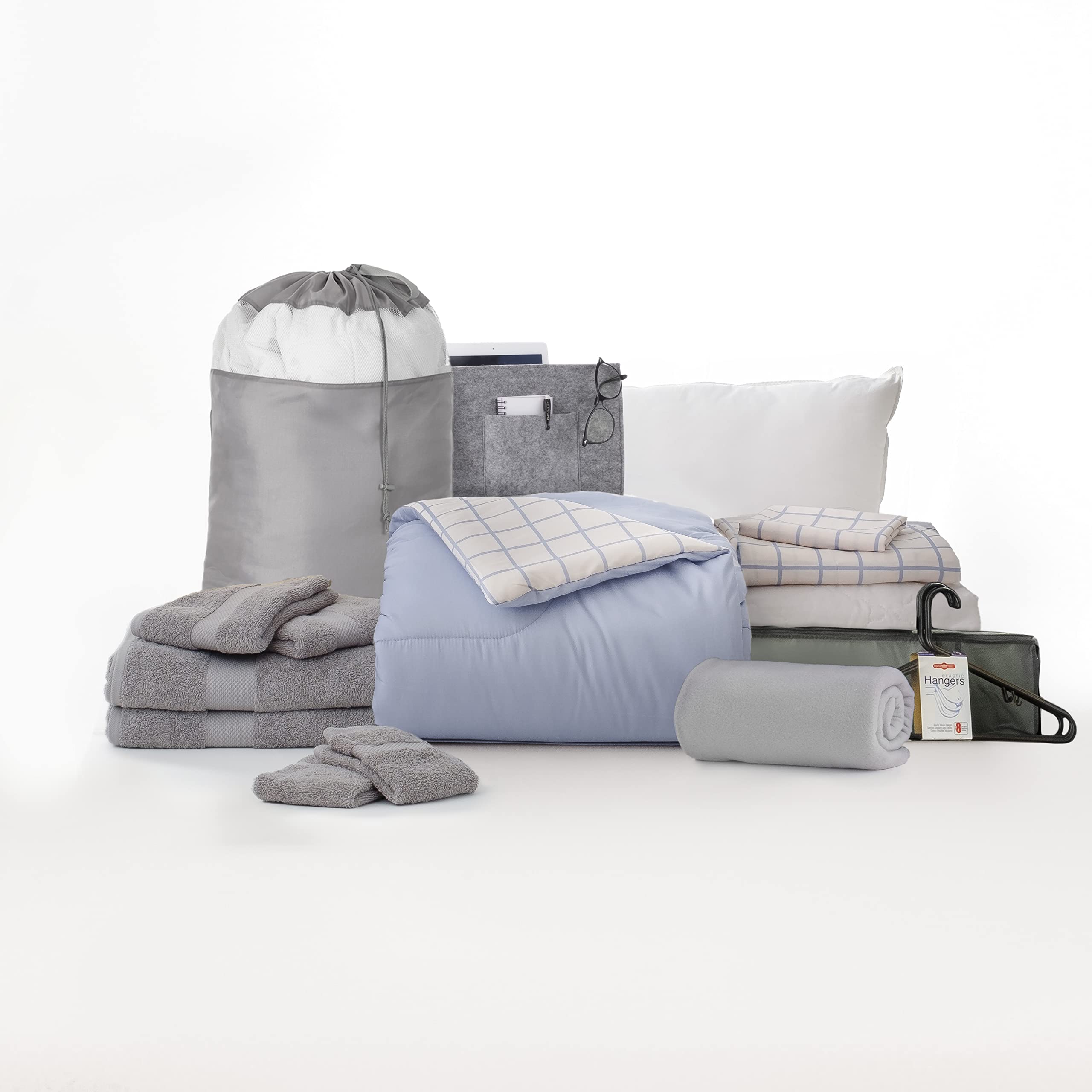 Blue & Grid 23-Piece Twin XL Dorm Room Set - 100% Cotton Comforter, Sheets, Towels & Storage Accessories | College Resident Bundle for Boys & Girls | Perfect for Dorms, Apartments & Guest Rooms