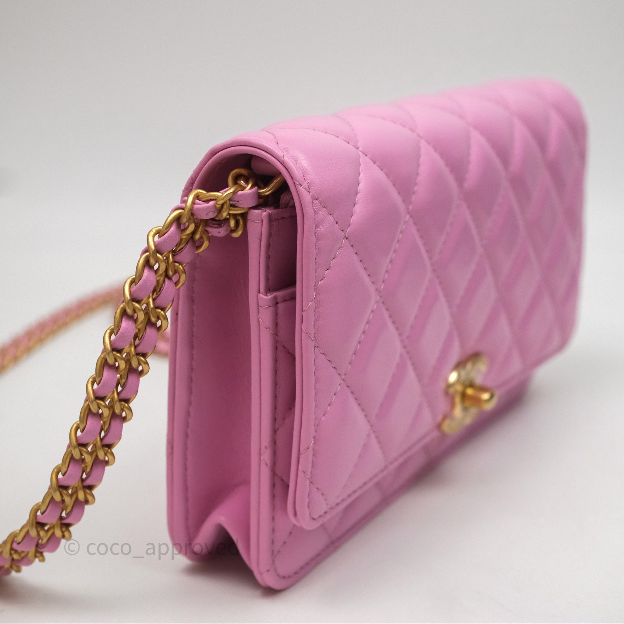 Chanel CC Chain Wallet On Chain WOC in Pink Lambskin with Aged Gold Hardware - Luxury Crossbody Bag for Women, Perfect for Evening Out & Special Occasions