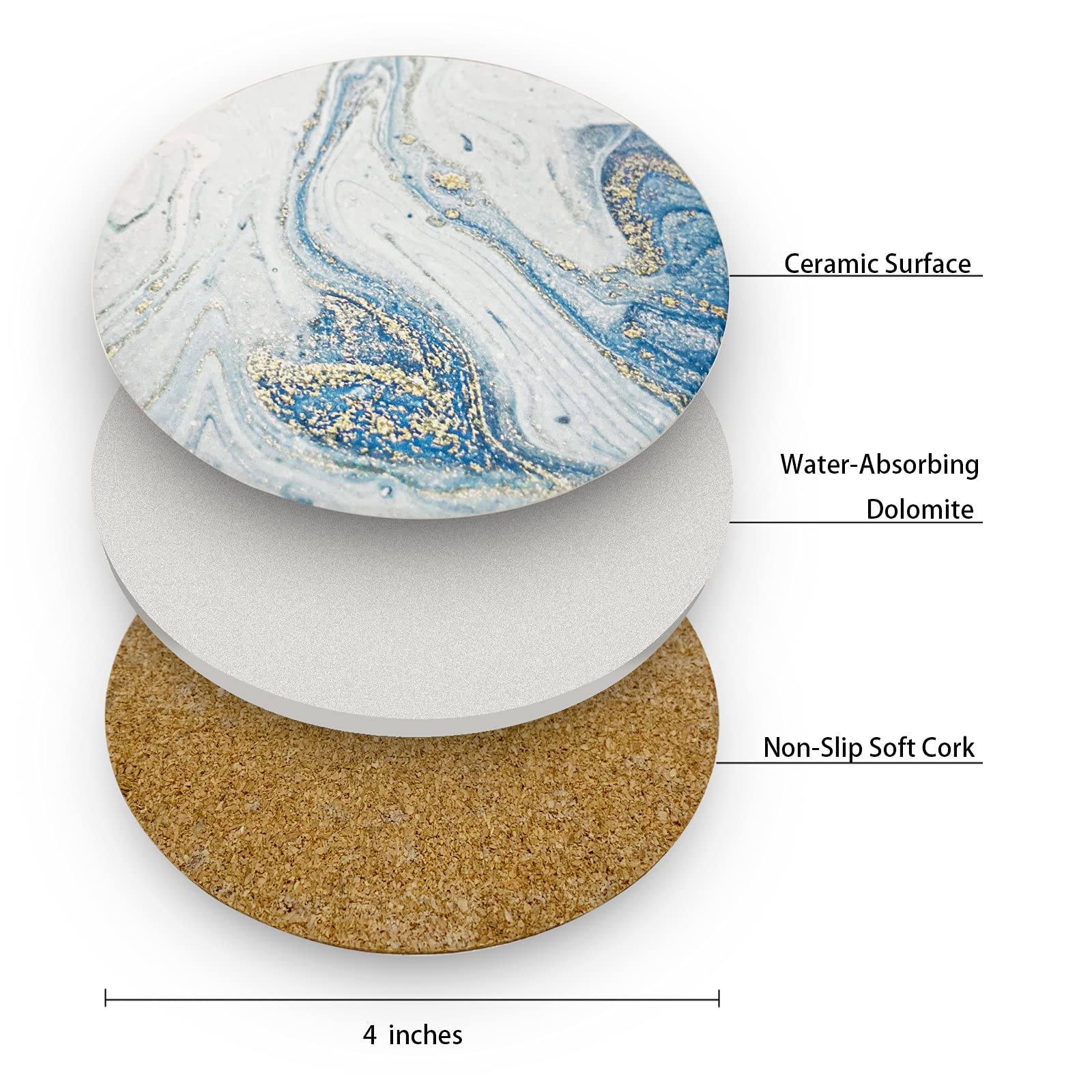 Absorbent Ceramic Drink Coasters Set of 8 with Cork Base - 4 Inch Round Stone Coasters for Wine, Mugs & Cups - Teal Marble Design - Tabletop Protection for Cold Beverages, Home Bar & Dinner Parties