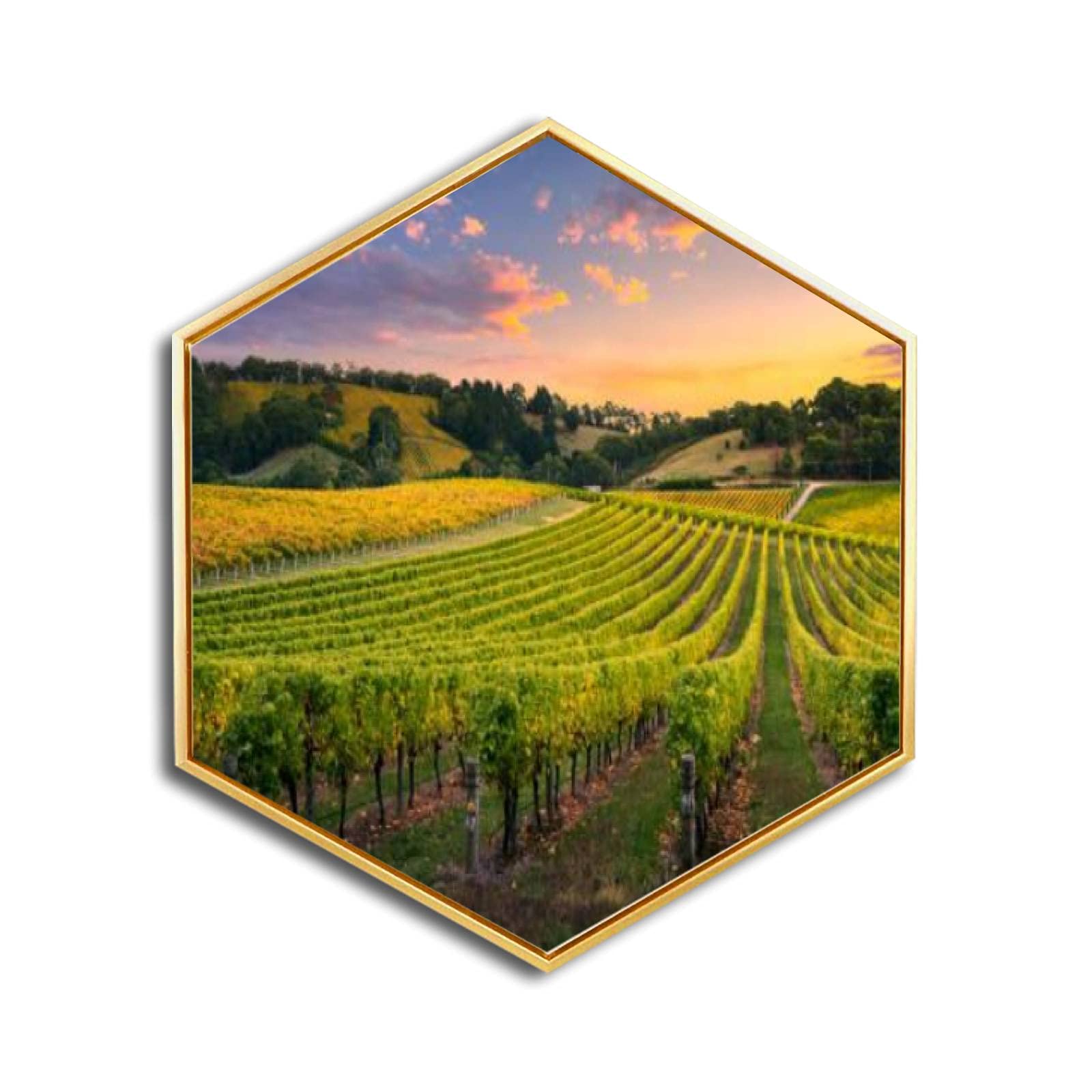 Vineyard Sunset Canvas Wall Art - Golden Framed Giclee Print - Modern Minimalist Hexagon Wall Decor for Living Room, Bedroom & Office - Ready to Hang Home Decor