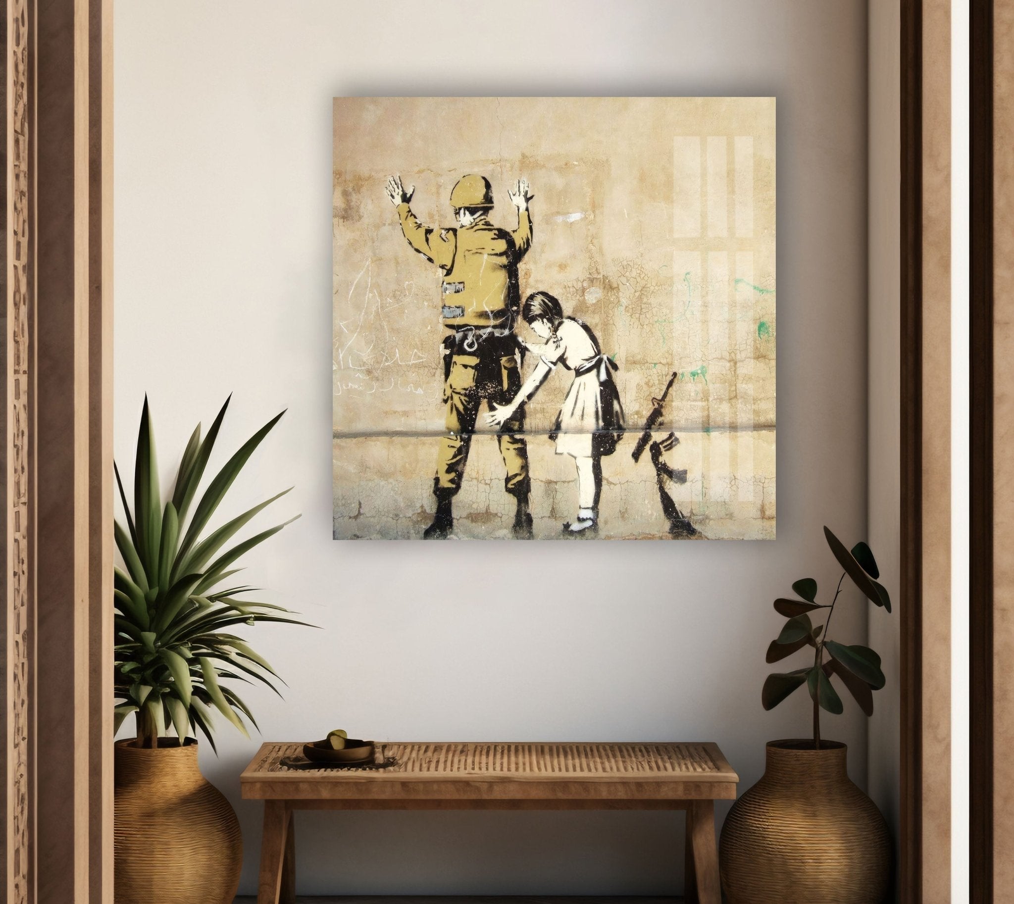 Banksy Girl Frisking Soldier Glass Wall Art - Stunning Home Decor for Living Room, Office & Gifts | Modern Framed Glass Print