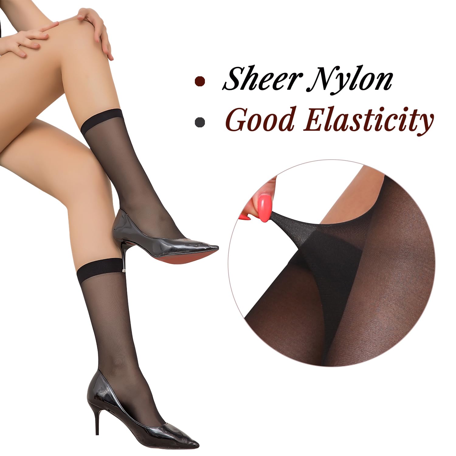 6 Pairs Women's Knee High Stockings - 20 Denier Nylon Sheer Socks with Reinforced Toe (Black & Nude, One Size) - Perfect for Office, Dress & Everyday Wear