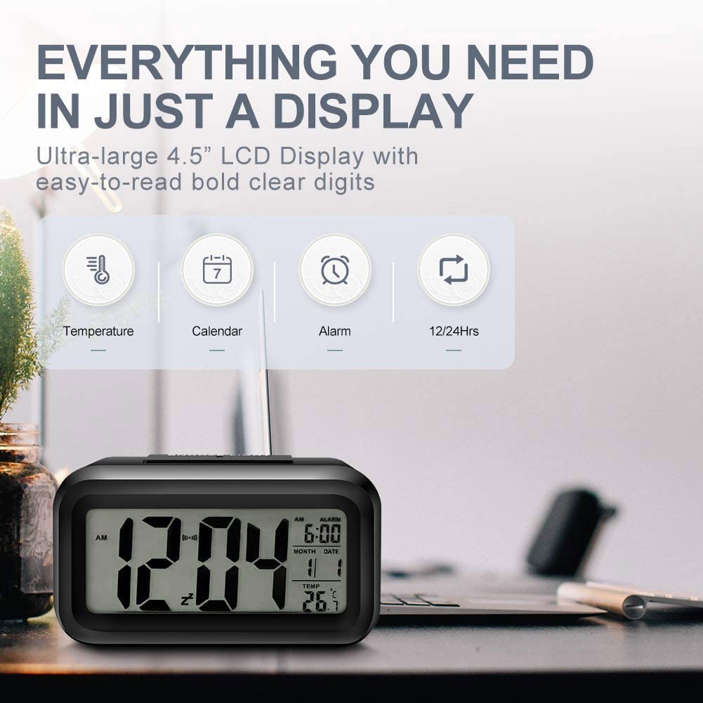 Smart Digital Alarm Clock with Large LED Display, Night Light & Indoor Temperature - Battery Operated Desk Clock for Bedroom, Kids, Students - Perfect for Nightstands, Home Office & Birthday Gifts