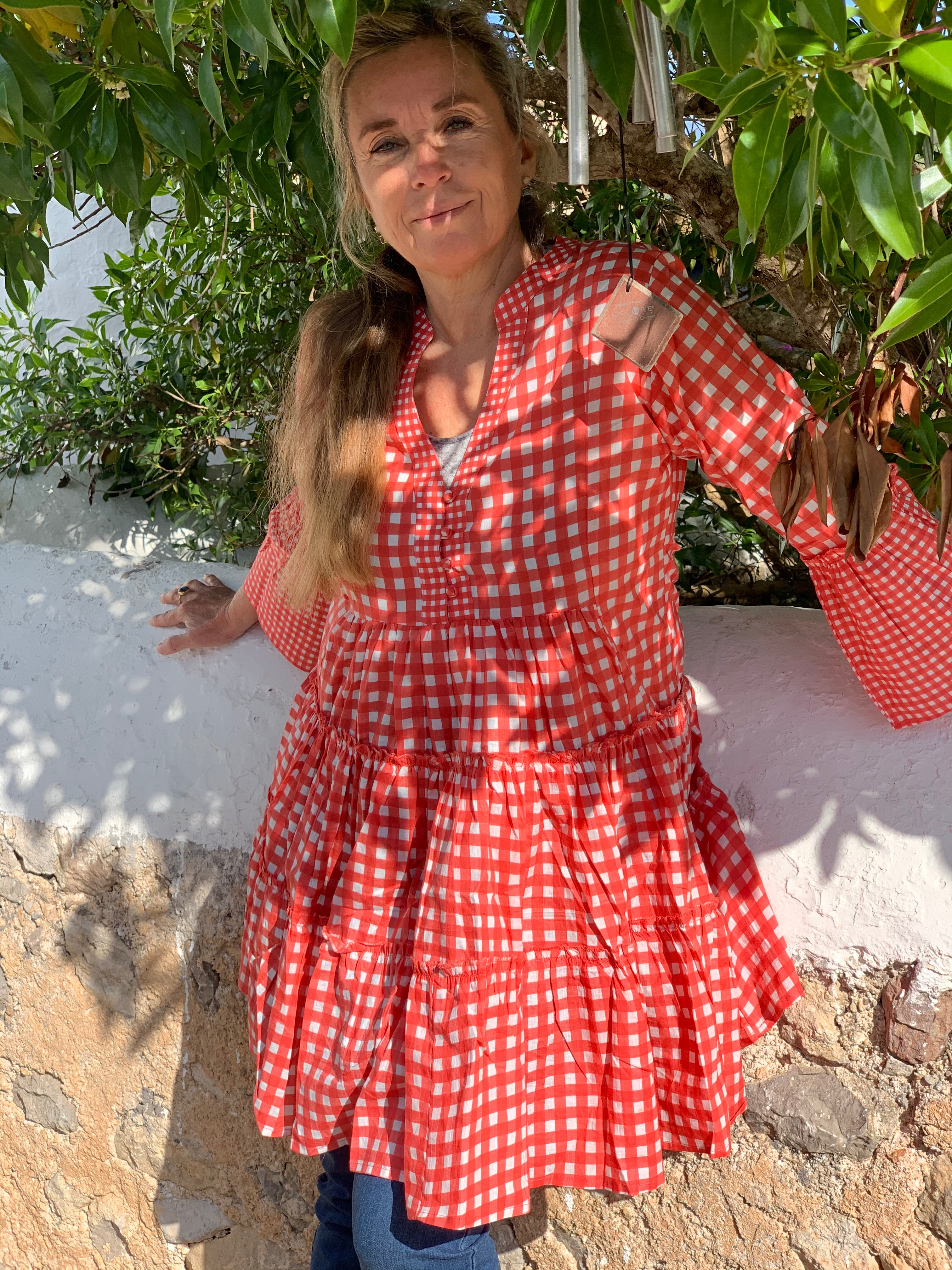 Stylish Geo Print Short Dress with Checks - Perfect for Summer Outings, Beach Vacations & Casual Dates